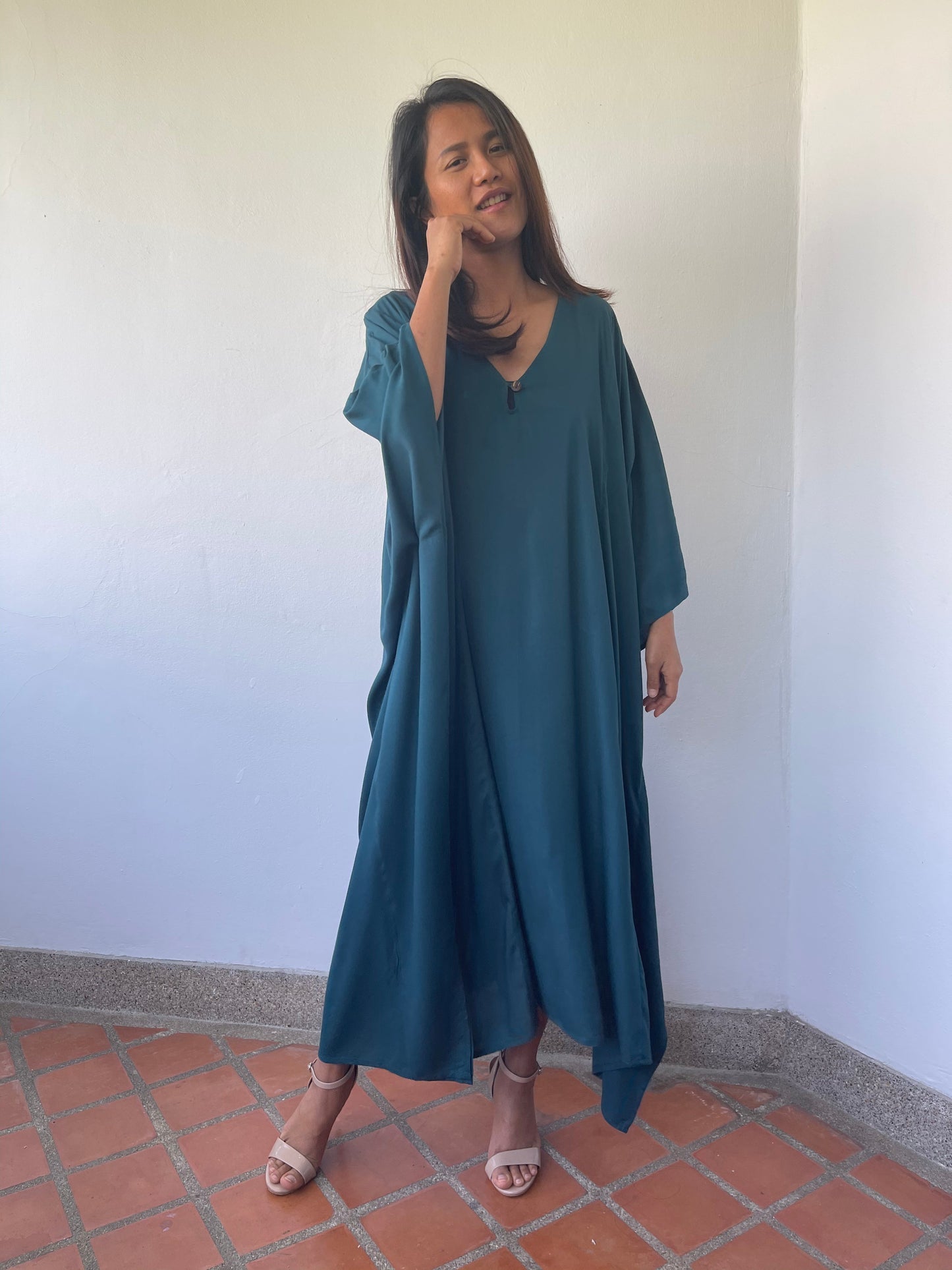 MALA handworks Bella Midi Kaftan in Teal Blue with front Button