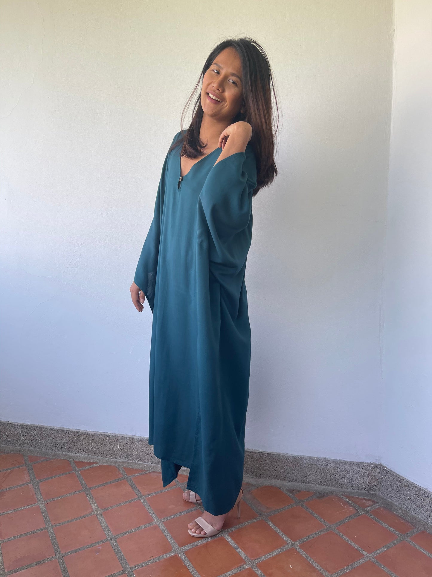 MALA handworks Bella Midi Kaftan in Teal Blue with front Button