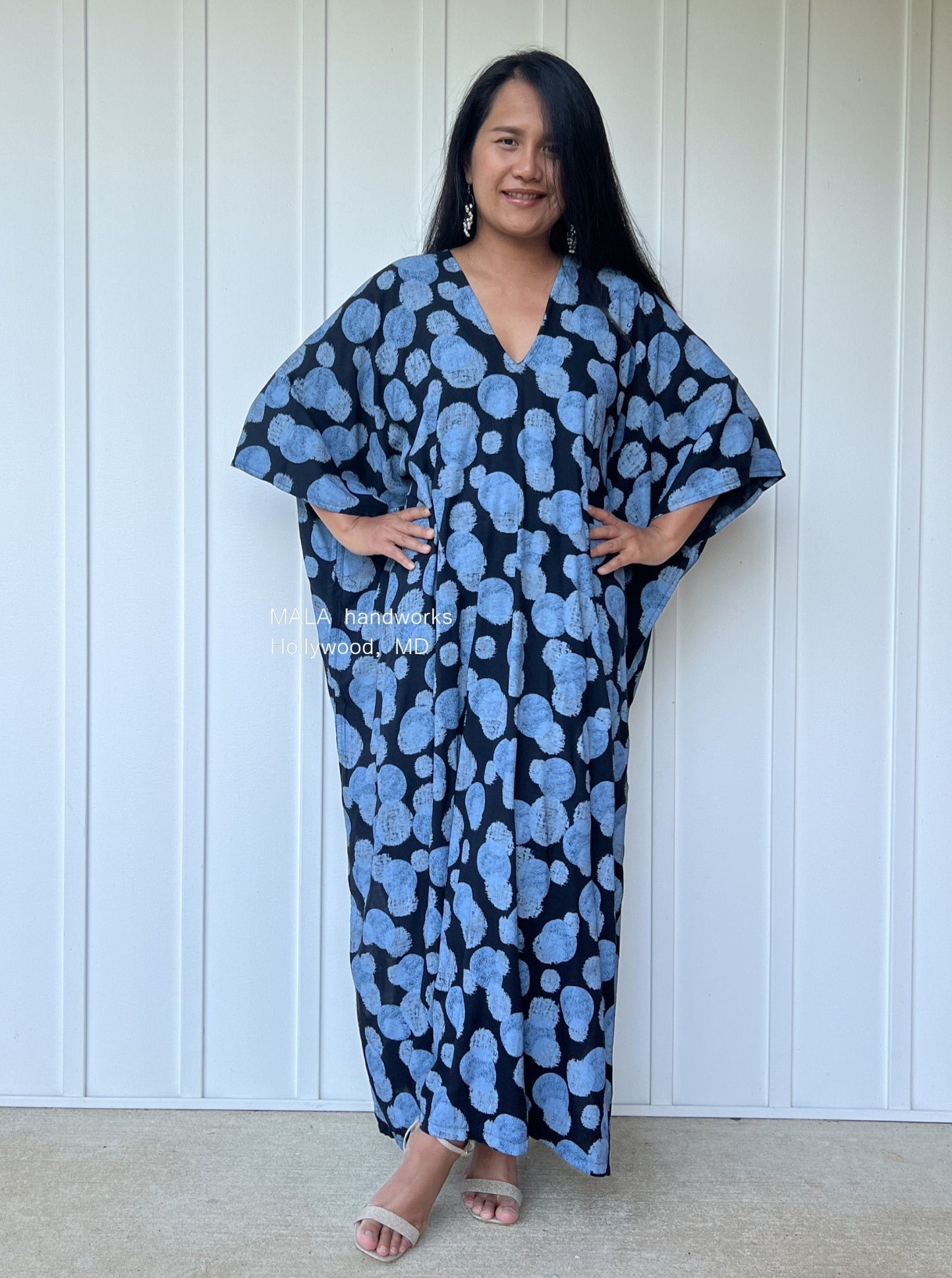 MALA handworks Camila Kaftan in Black and Blue Silkscreen Pattern