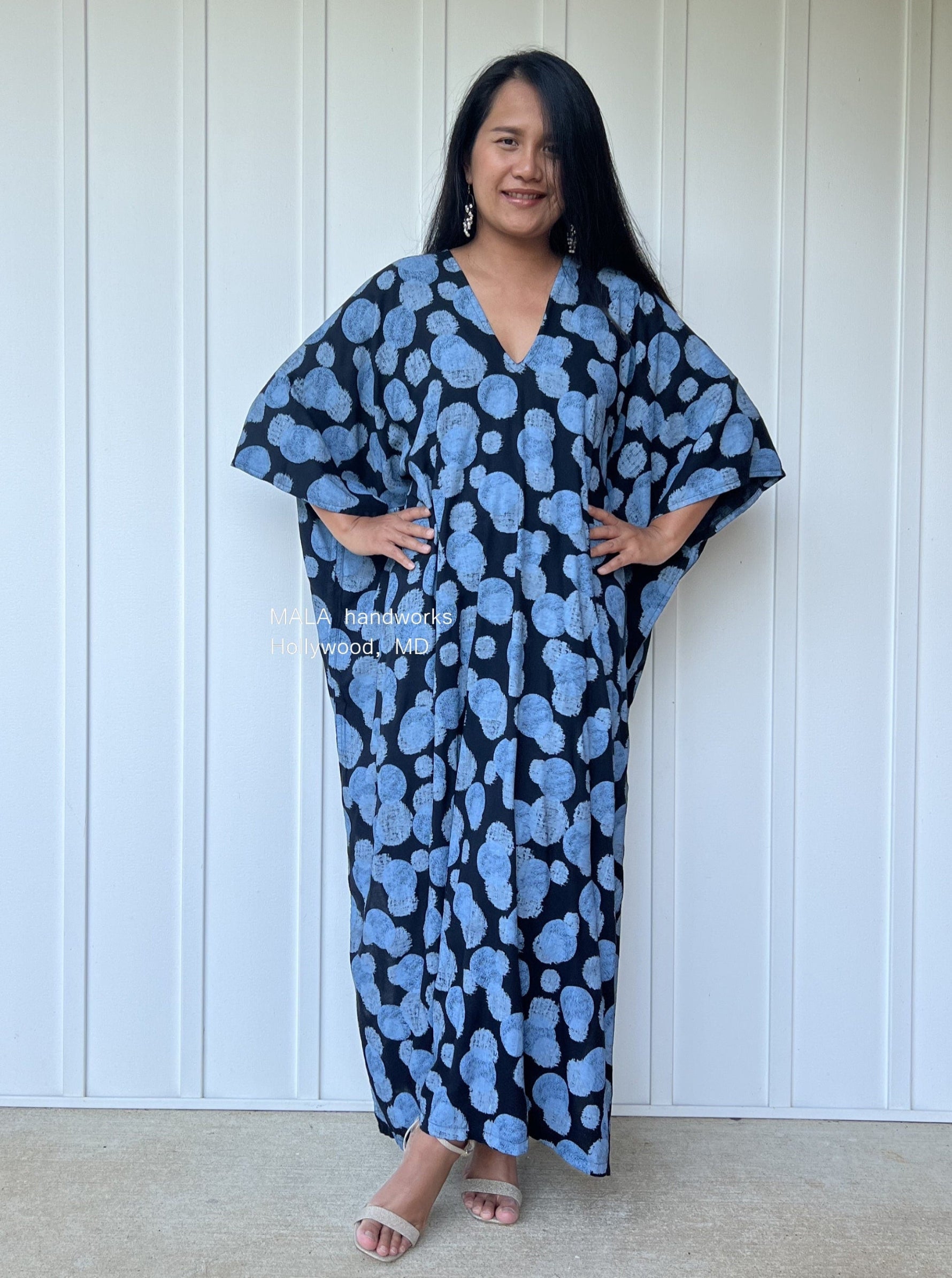 MALA handworks Camila Kaftan in Black and Blue Silkscreen Pattern