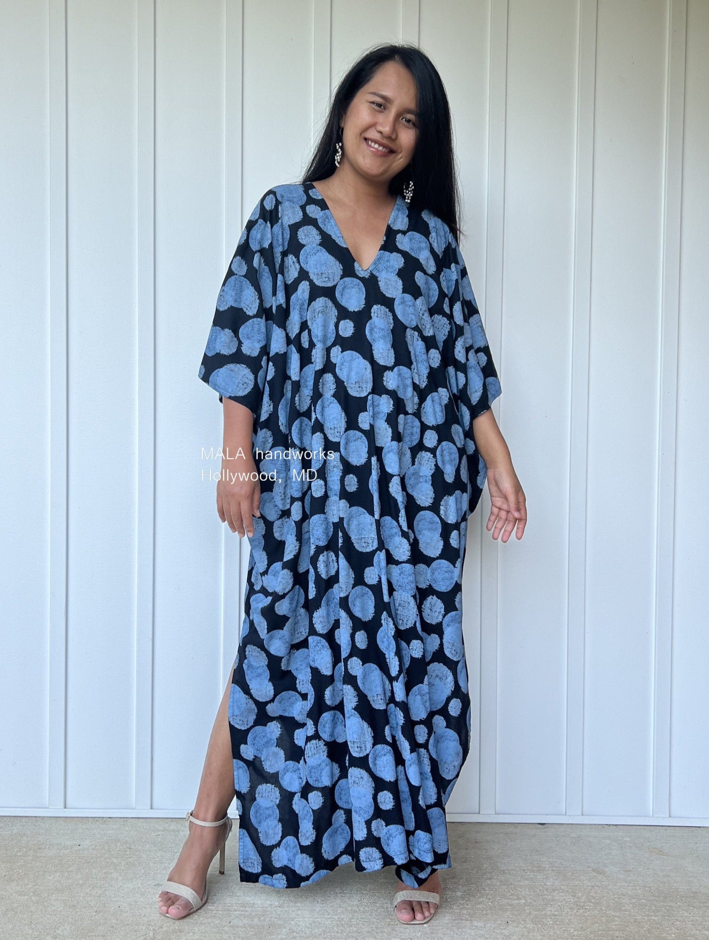 MALA handworks Camila Kaftan in Black and Blue Silkscreen Pattern