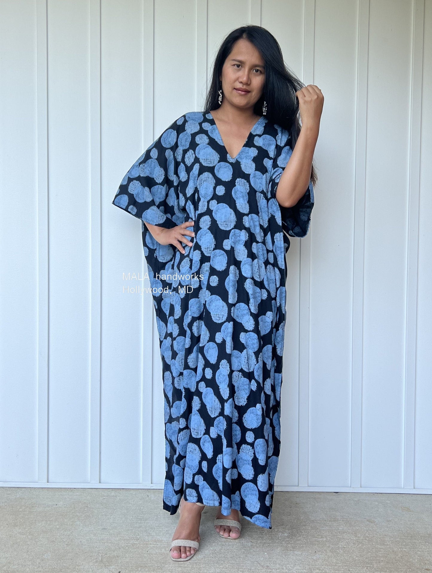 MALA handworks Camila Kaftan in Black and Blue Silkscreen Pattern