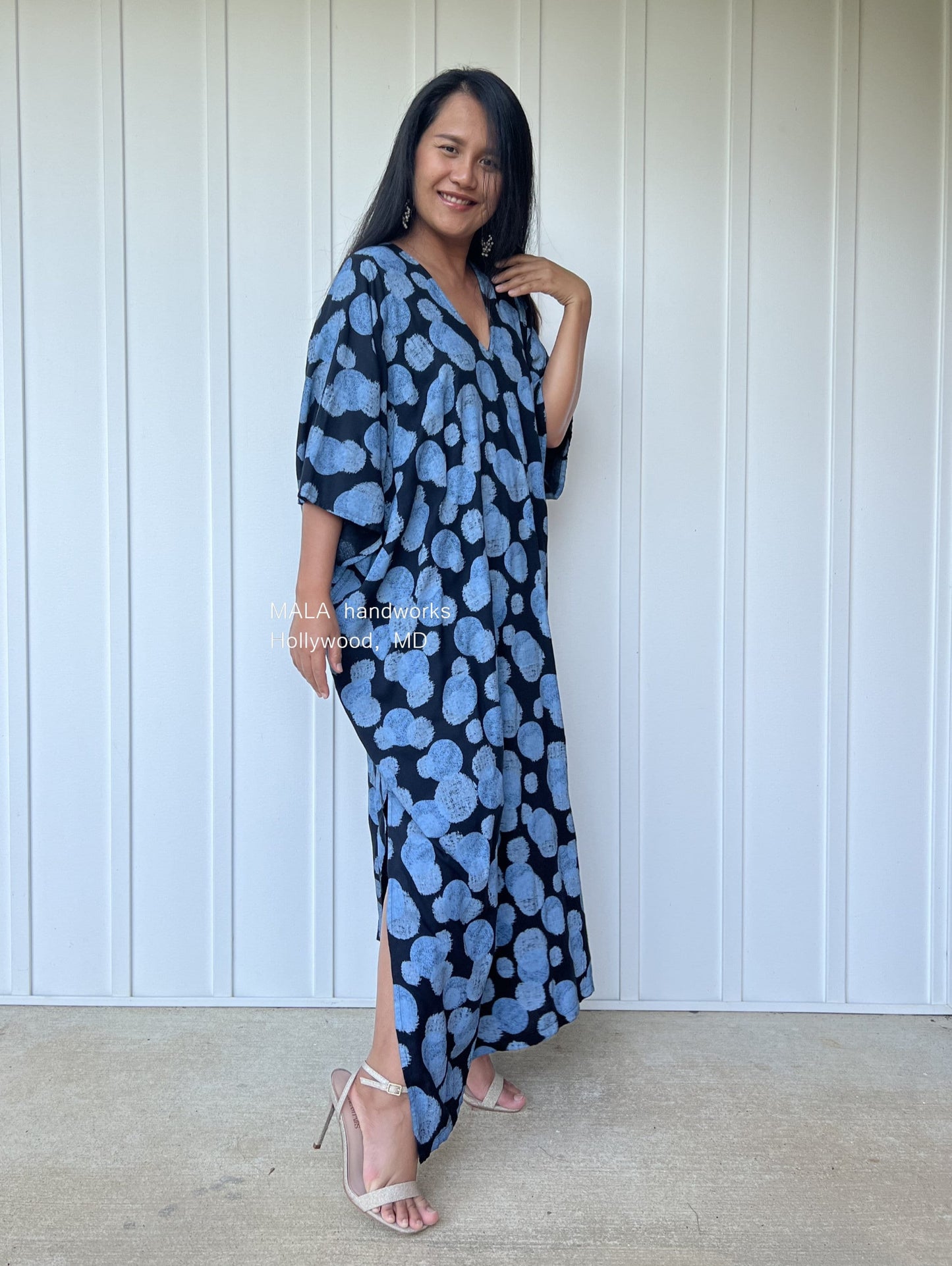 MALA handworks Camila Kaftan in Black and Blue Silkscreen Pattern