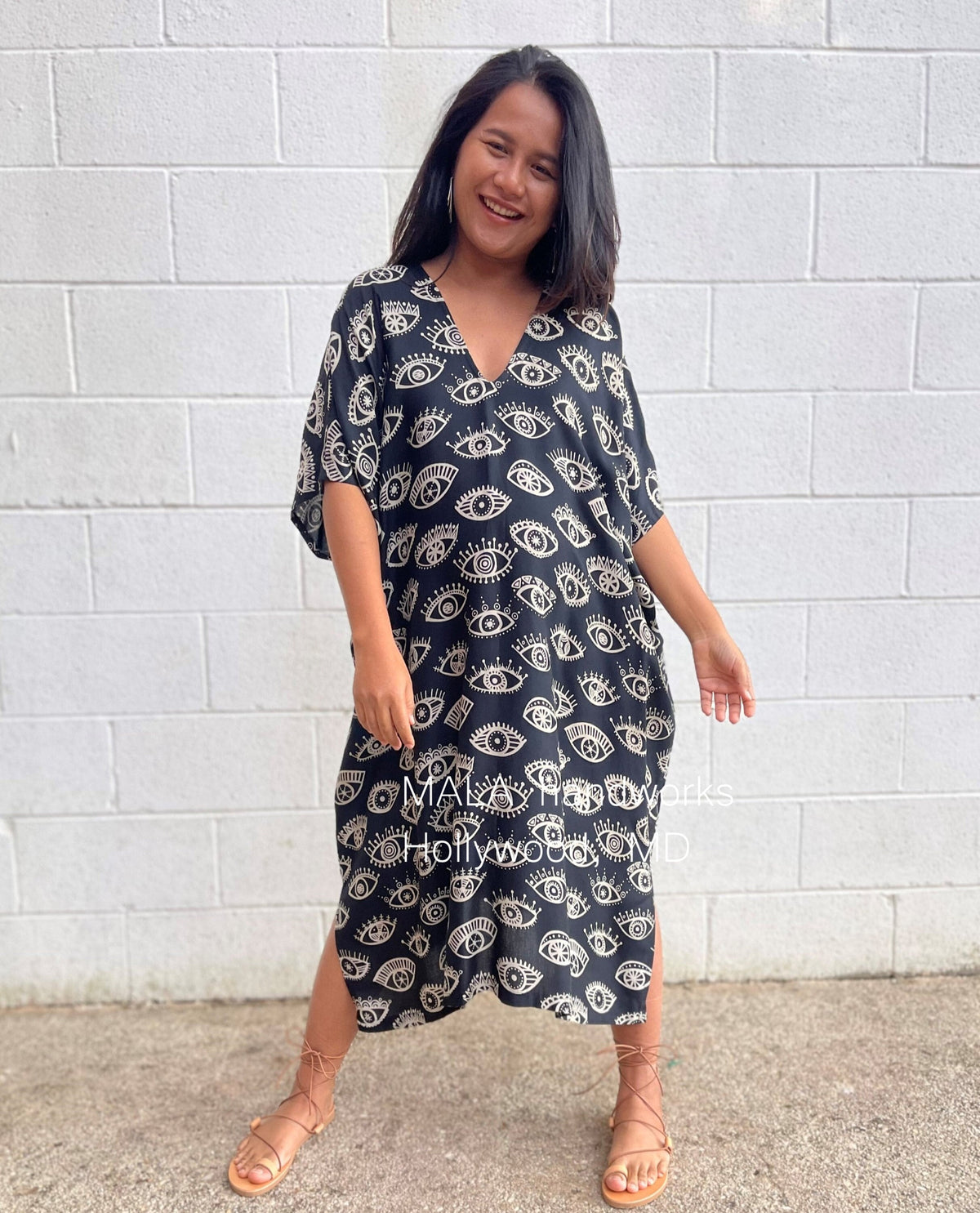 MALA handworks  Camila Kaftan in Black and Silkscreen Eye Pattern