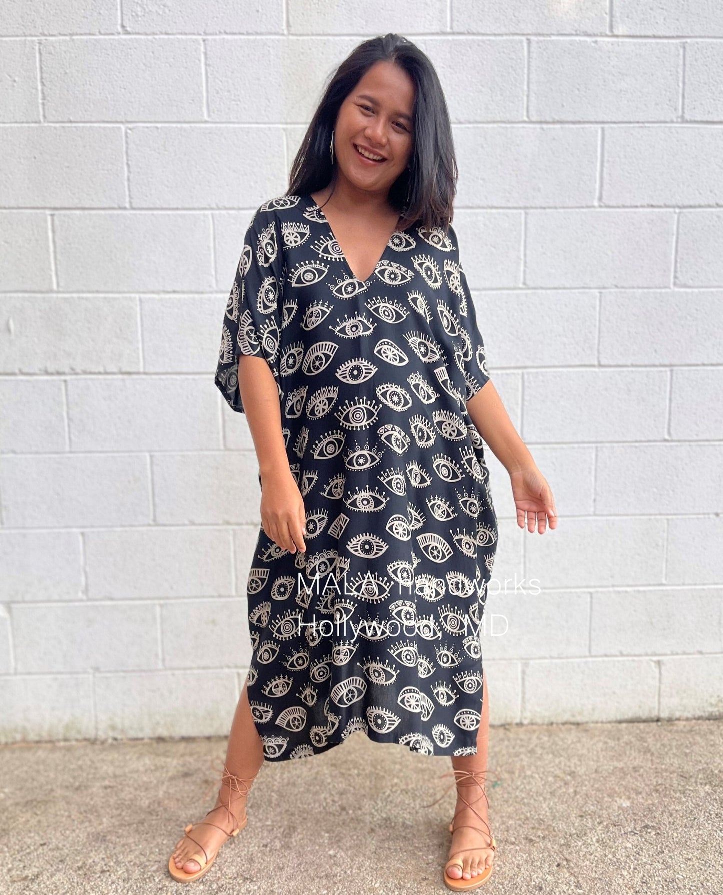 MALA handworks Camila Kaftan in Black and Silkscreen Eye Pattern