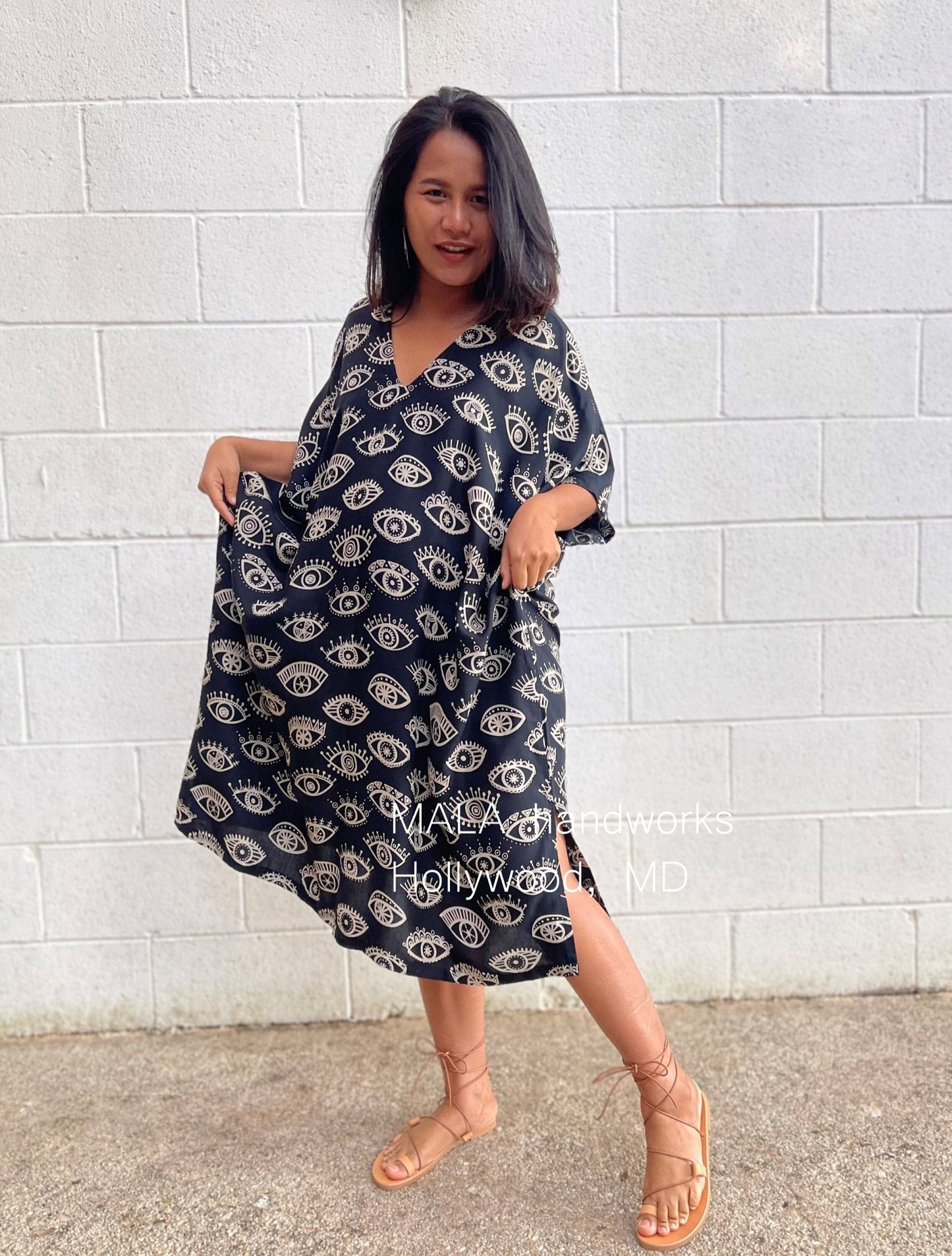 MALA handworks Camila Kaftan in Black and Silkscreen Eye Pattern