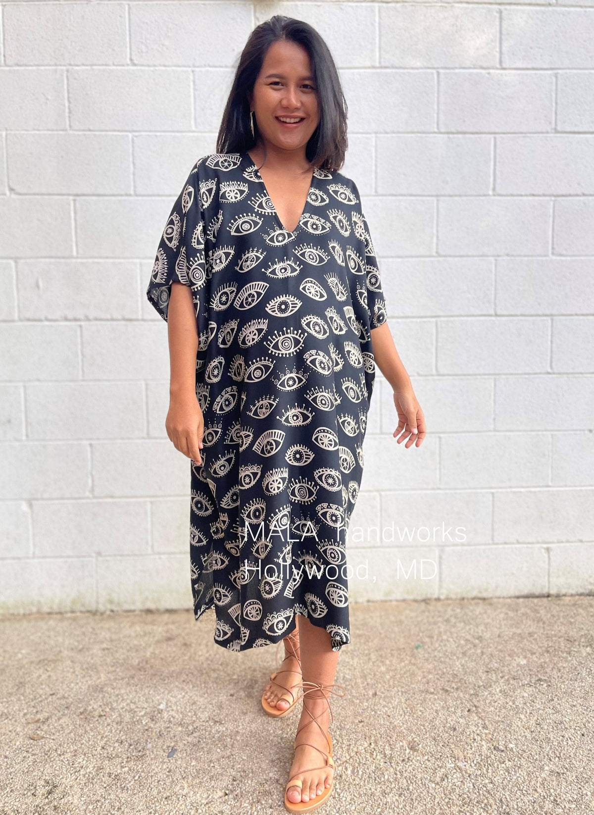 MALA handworks  Camila Kaftan in Black and Silkscreen Eye Pattern