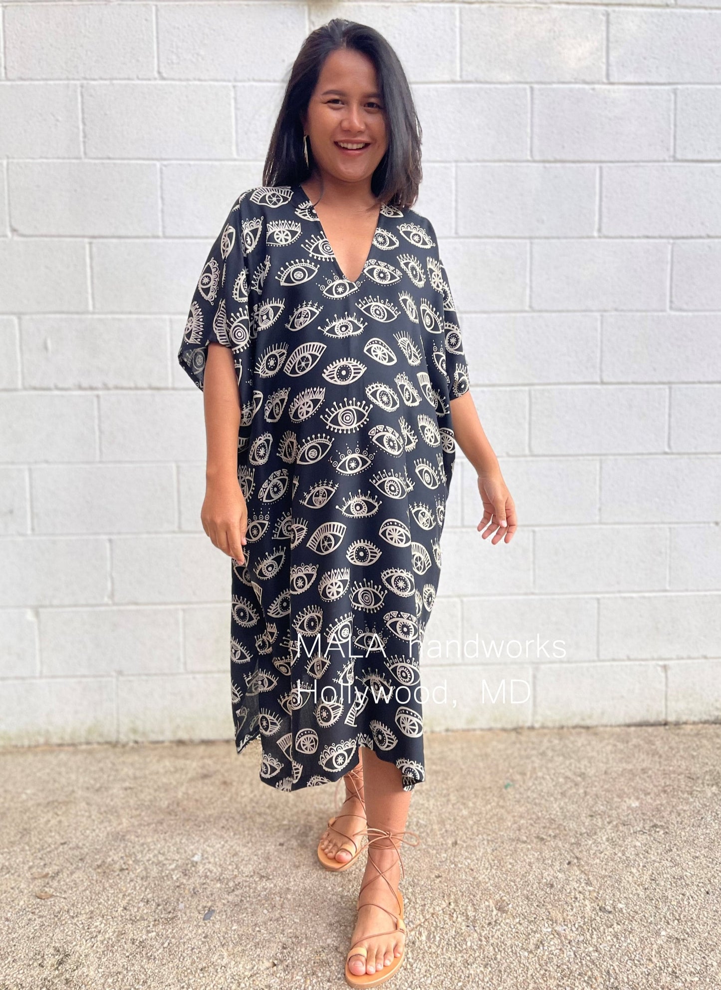 MALA handworks Camila Kaftan in Black and Silkscreen Eye Pattern