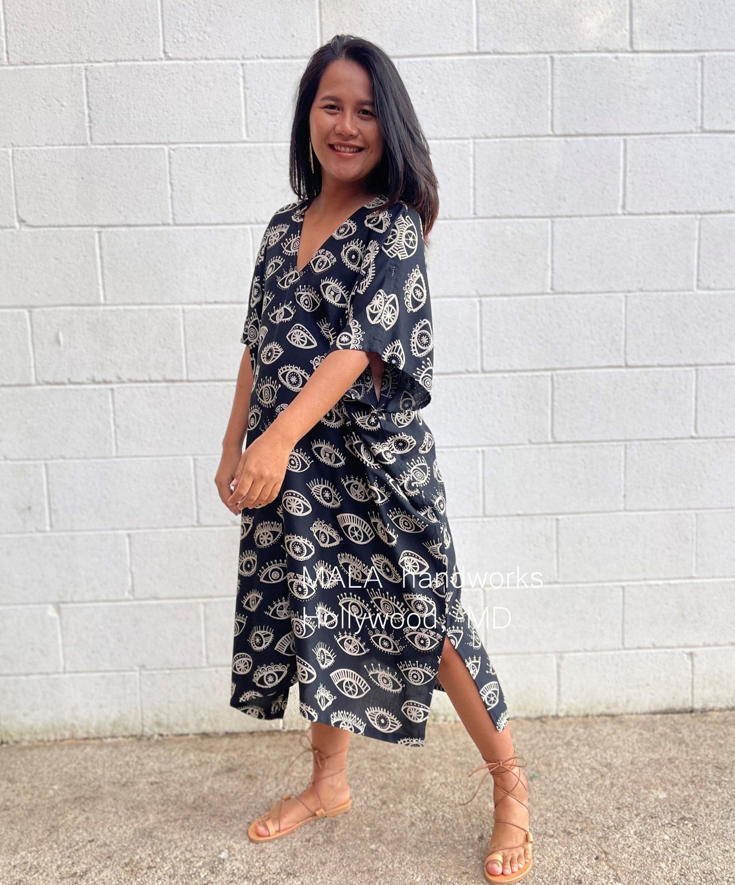 MALA handworks Camila Kaftan in Black and Silkscreen Eye Pattern