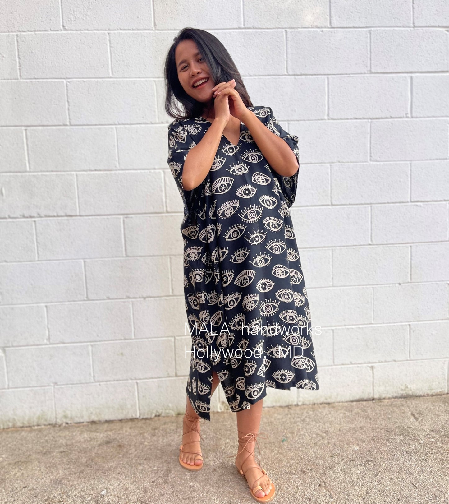 MALA handworks Camila Kaftan in Black and Silkscreen Eye Pattern