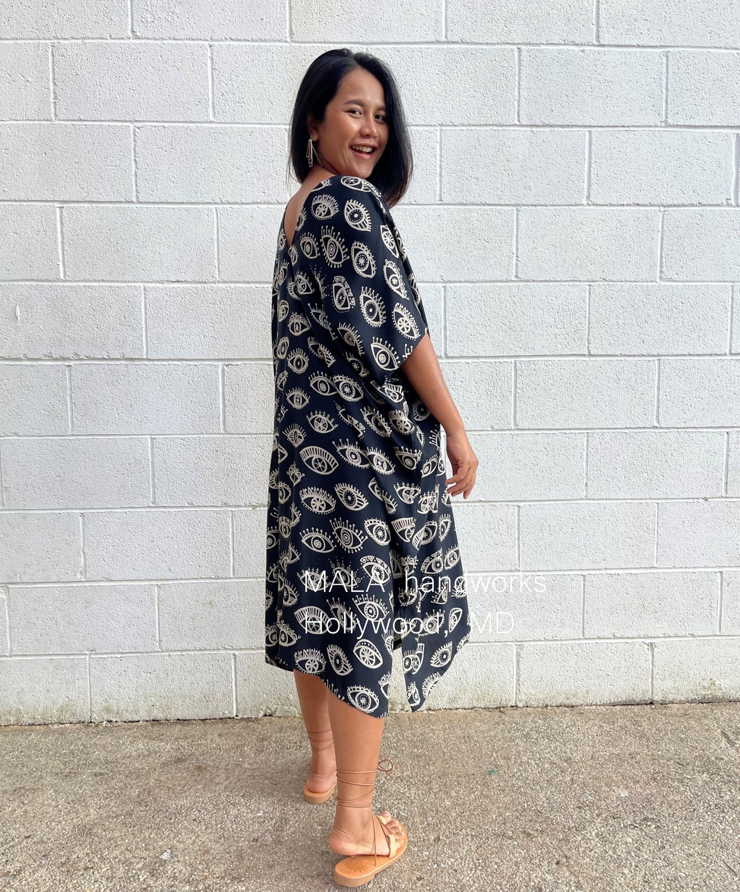 MALA handworks Camila Kaftan in Black and Silkscreen Eye Pattern