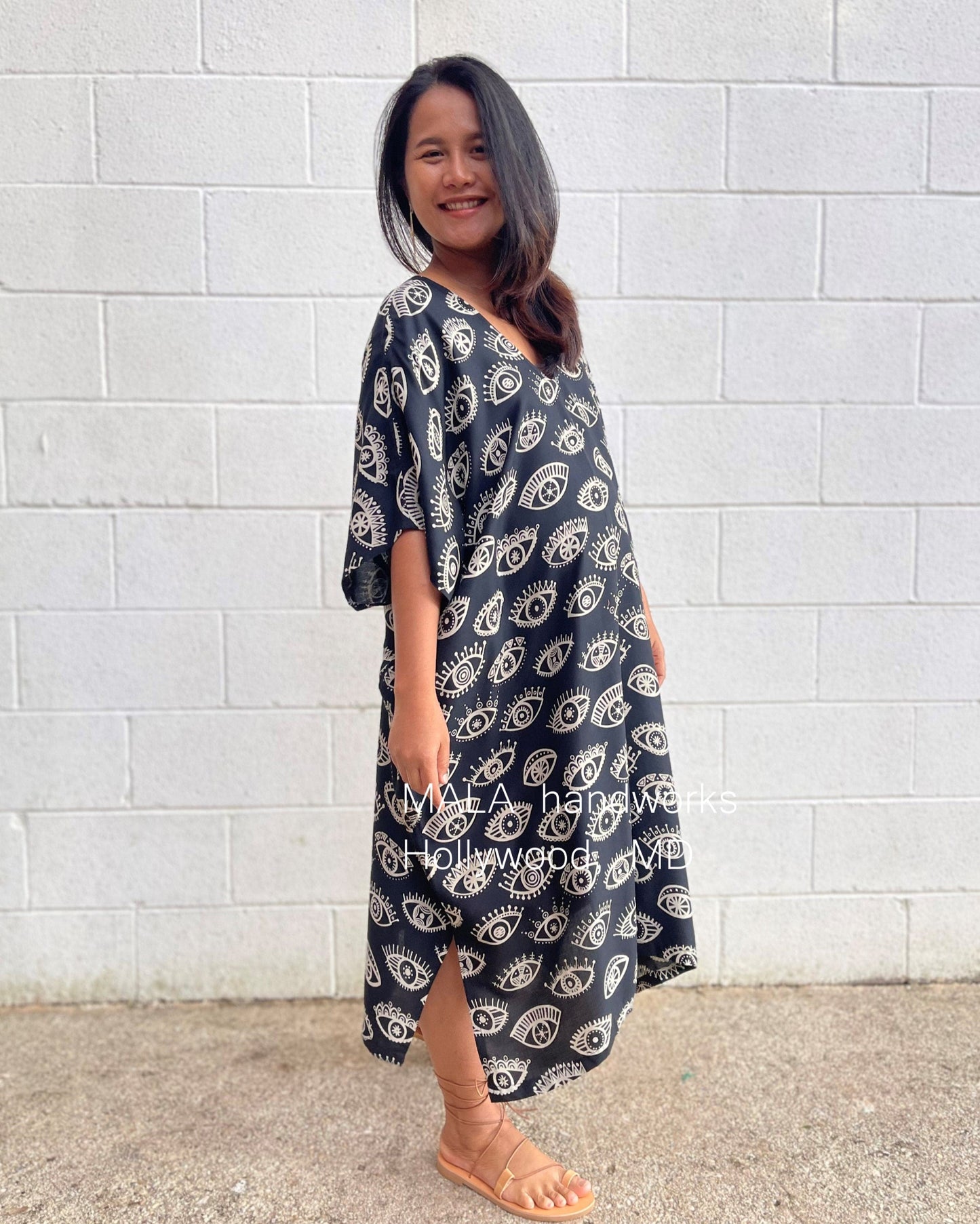 MALA handworks Camila Kaftan in Black and Silkscreen Eye Pattern