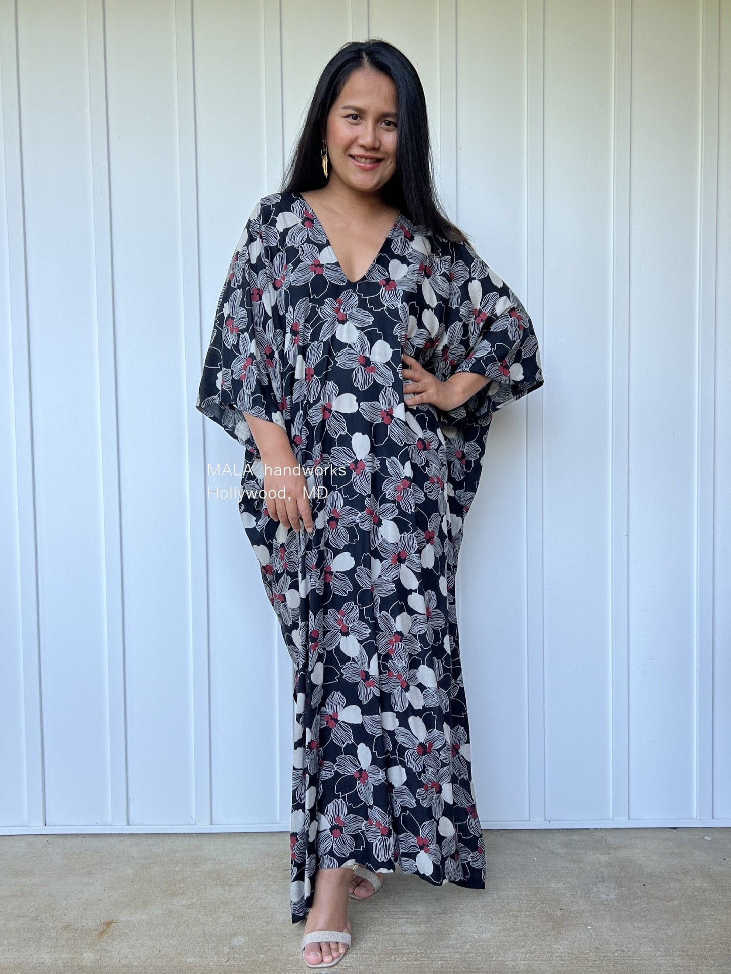 MALA handworks Camila Kaftan in Black and Silkscreen Floral Pattern