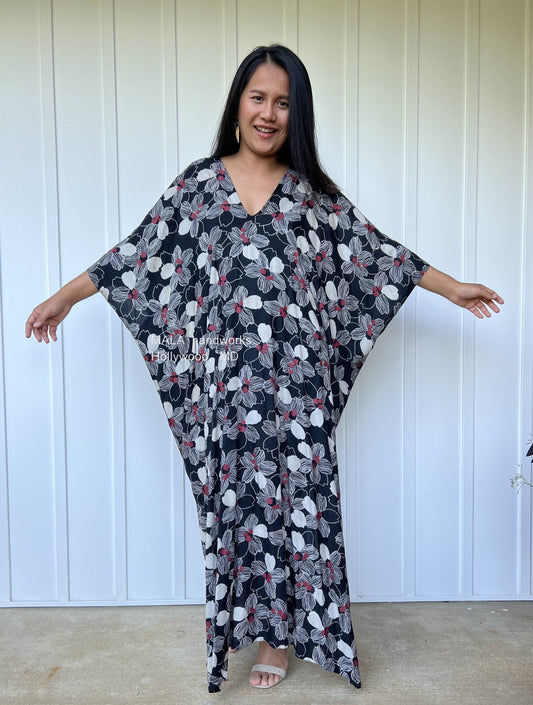 MALA handworks Camila Kaftan in Black and Silkscreen Floral Pattern