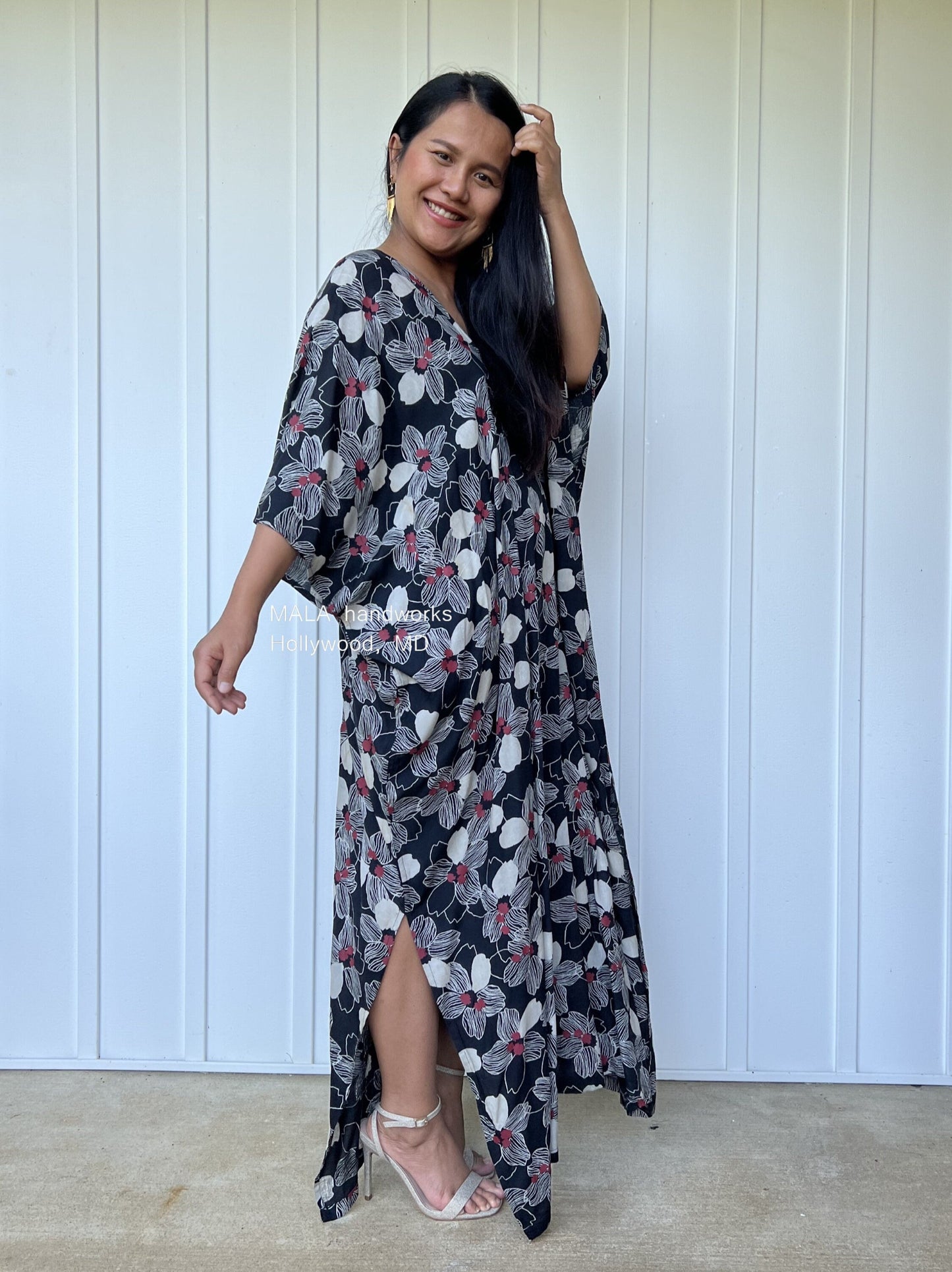 MALA handworks Camila Kaftan in Black and Silkscreen Floral Pattern