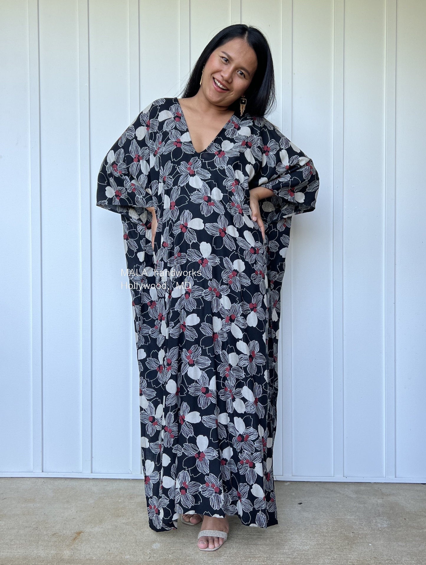 MALA handworks Camila Kaftan in Black and Silkscreen Floral Pattern