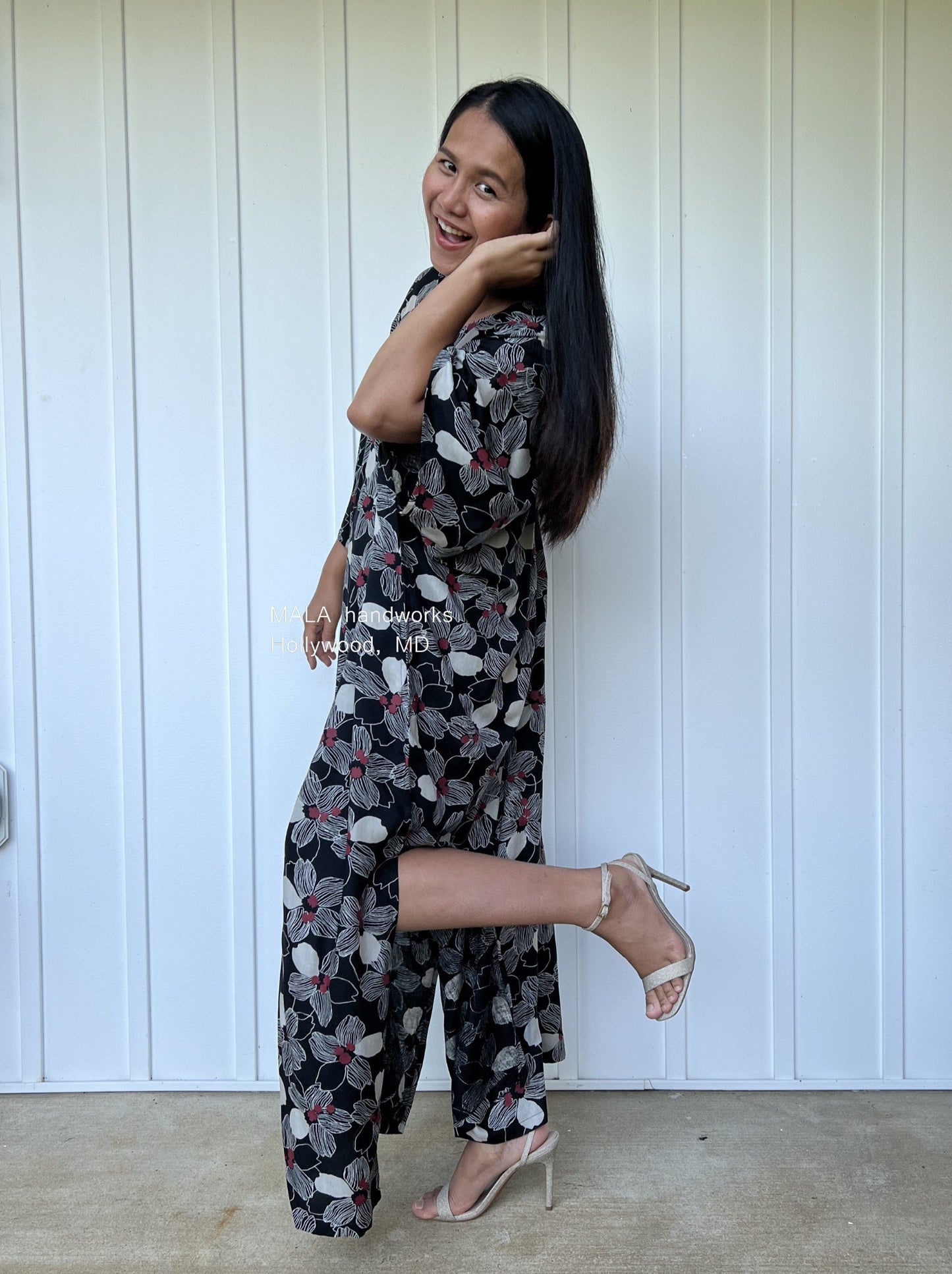 MALA handworks Camila Kaftan in Black and Silkscreen Floral Pattern