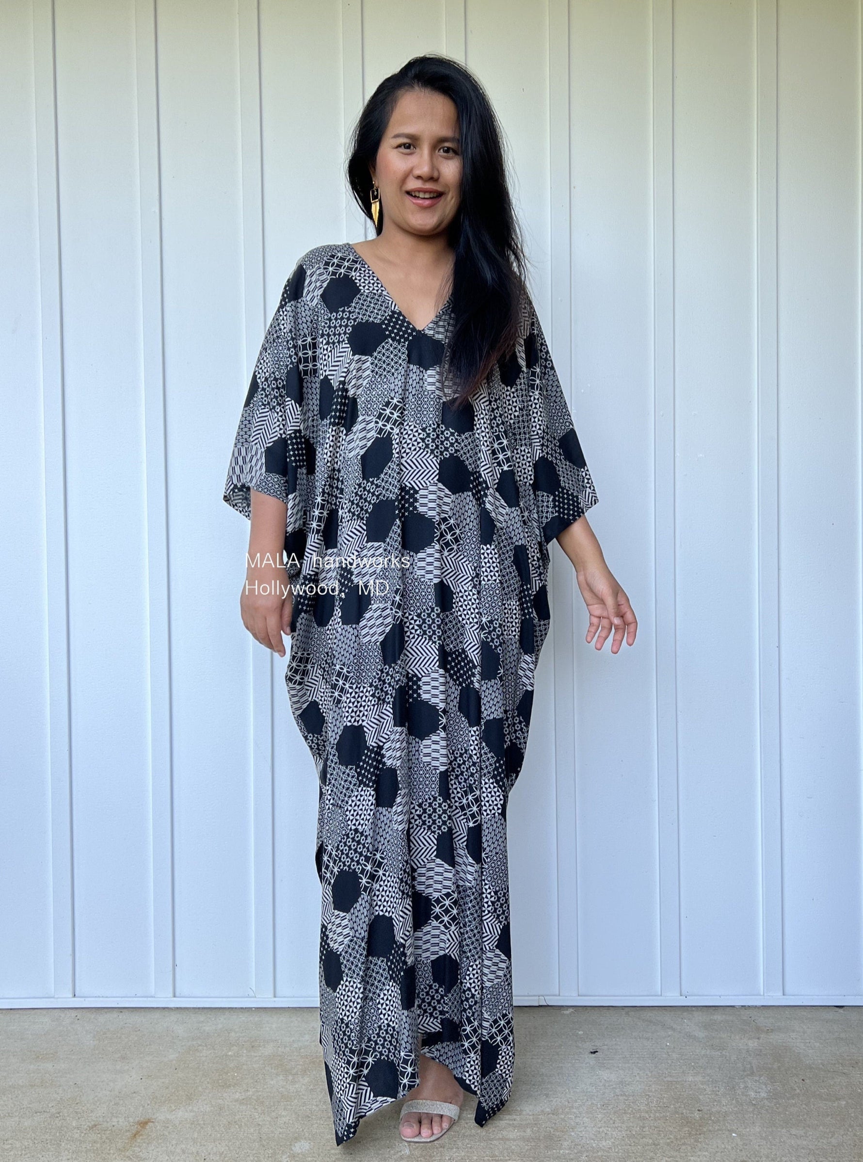 MALA handworks Camila Kaftan in Black and Silkscreen Geometric Pattern