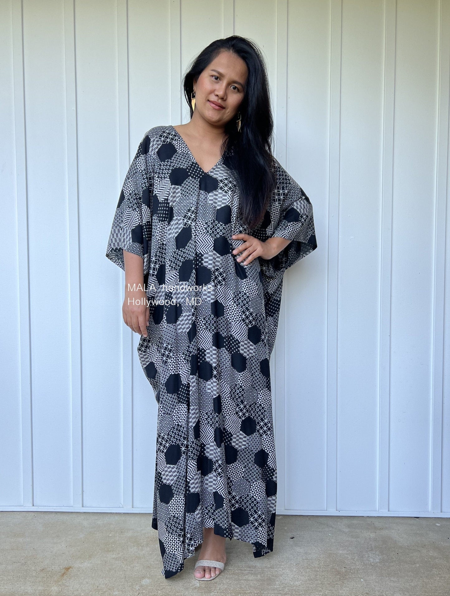 MALA handworks Camila Kaftan in Black and Silkscreen Geometric Pattern