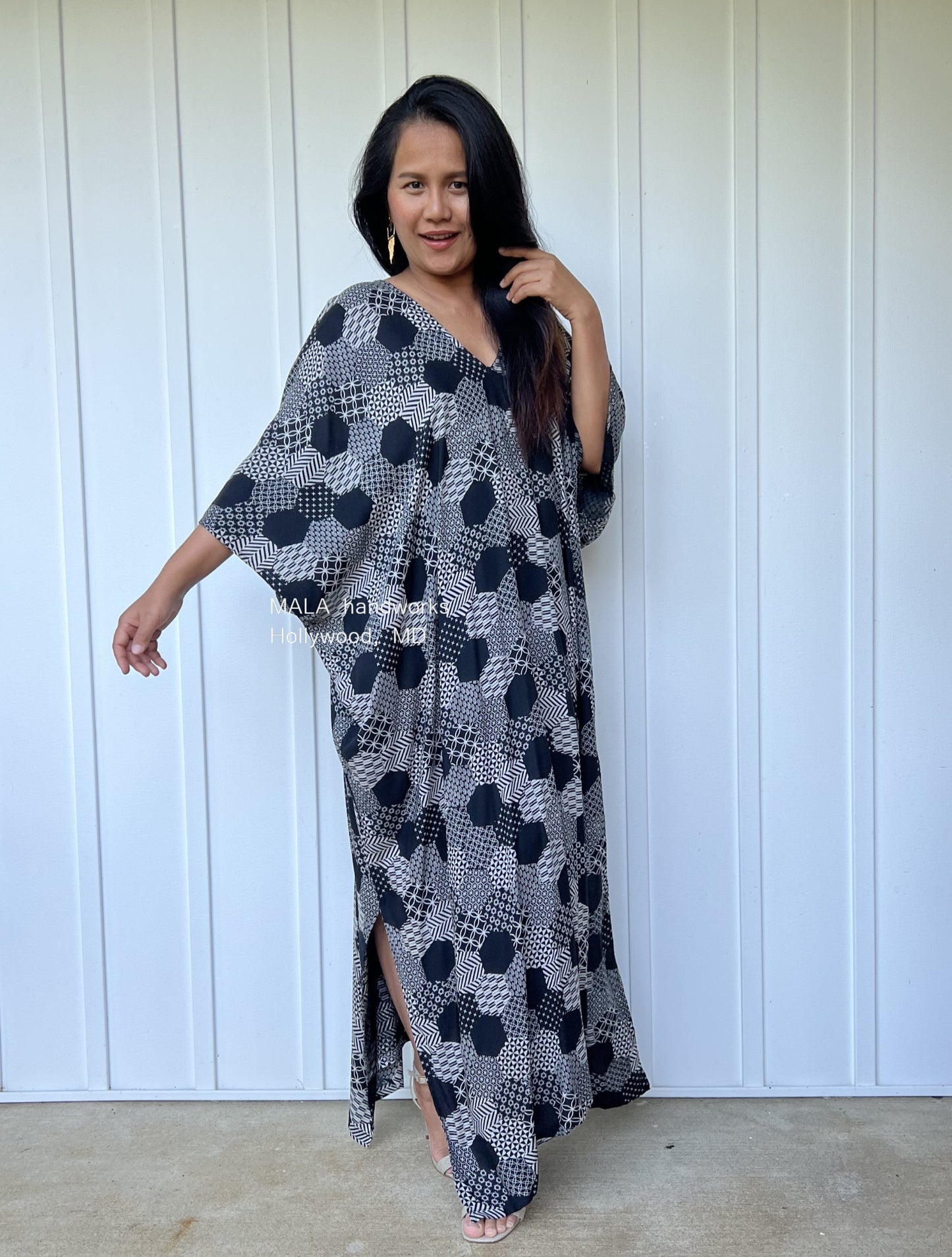 MALA handworks Camila Kaftan in Black and Silkscreen Geometric Pattern