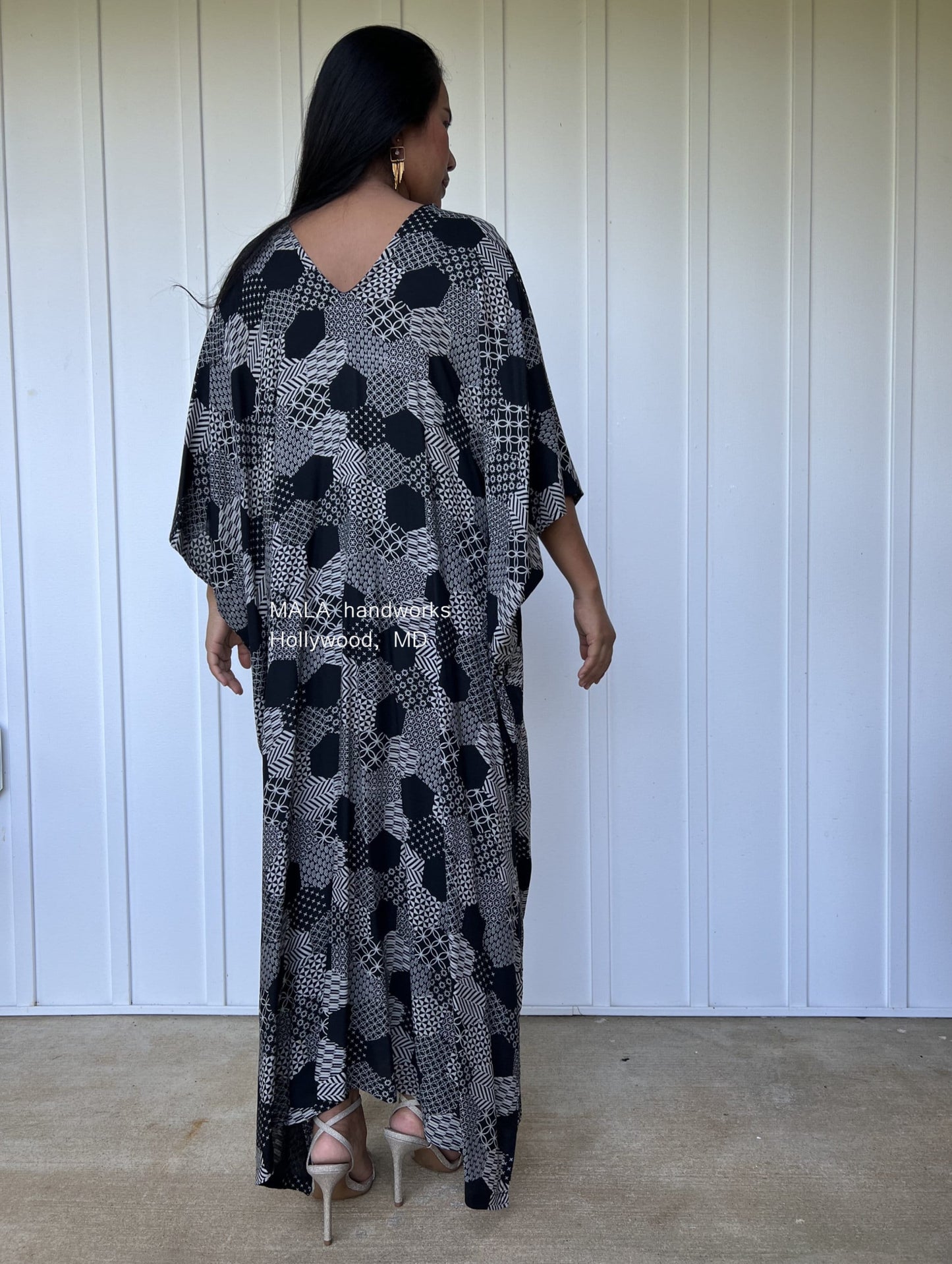 MALA handworks Camila Kaftan in Black and Silkscreen Geometric Pattern