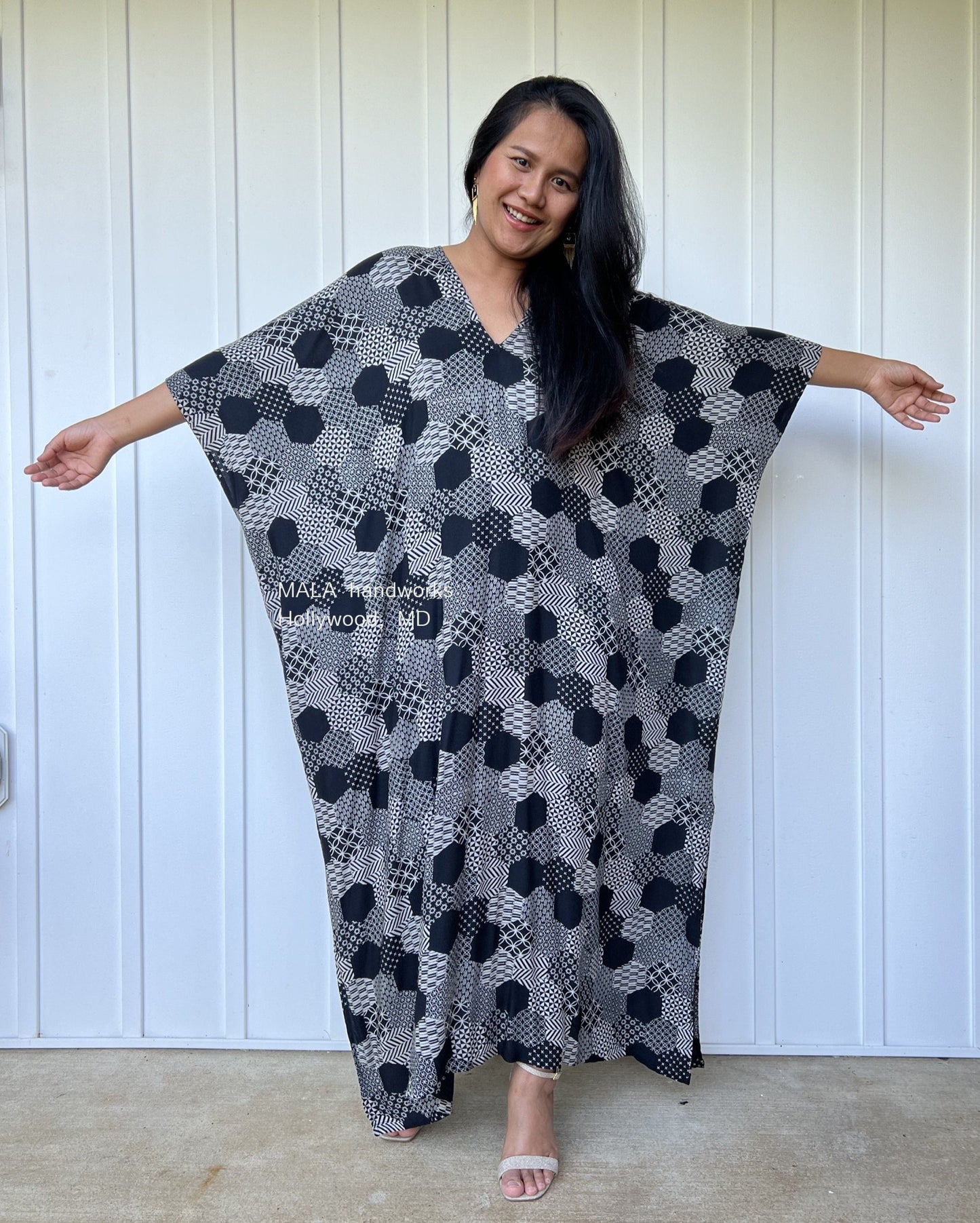 MALA handworks Camila Kaftan in Black and Silkscreen Geometric Pattern