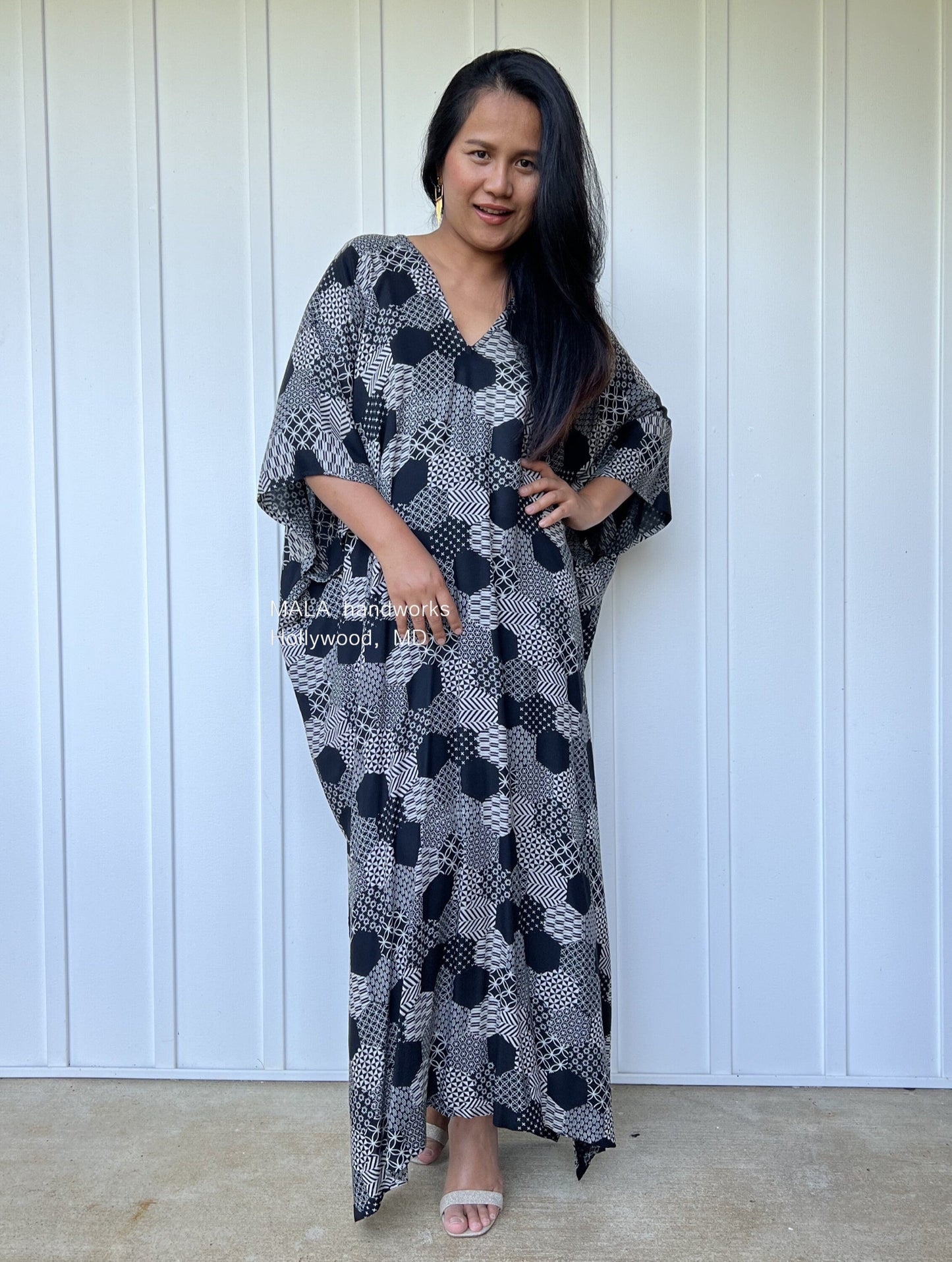 MALA handworks Camila Kaftan in Black and Silkscreen Geometric Pattern
