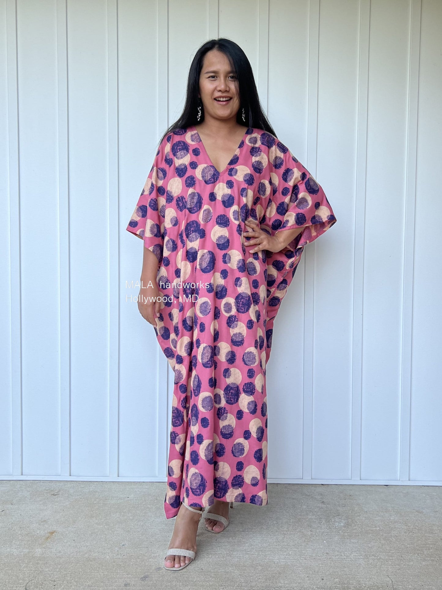 MALA handworks Camila Kaftan in Pink and Blue Silkscreen Circles Pattern