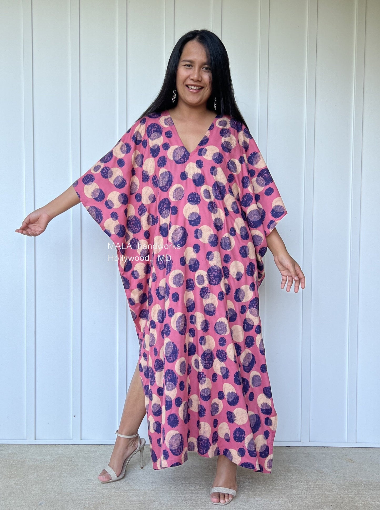 MALA handworks Camila Kaftan in Pink and Blue Silkscreen Circles Pattern
