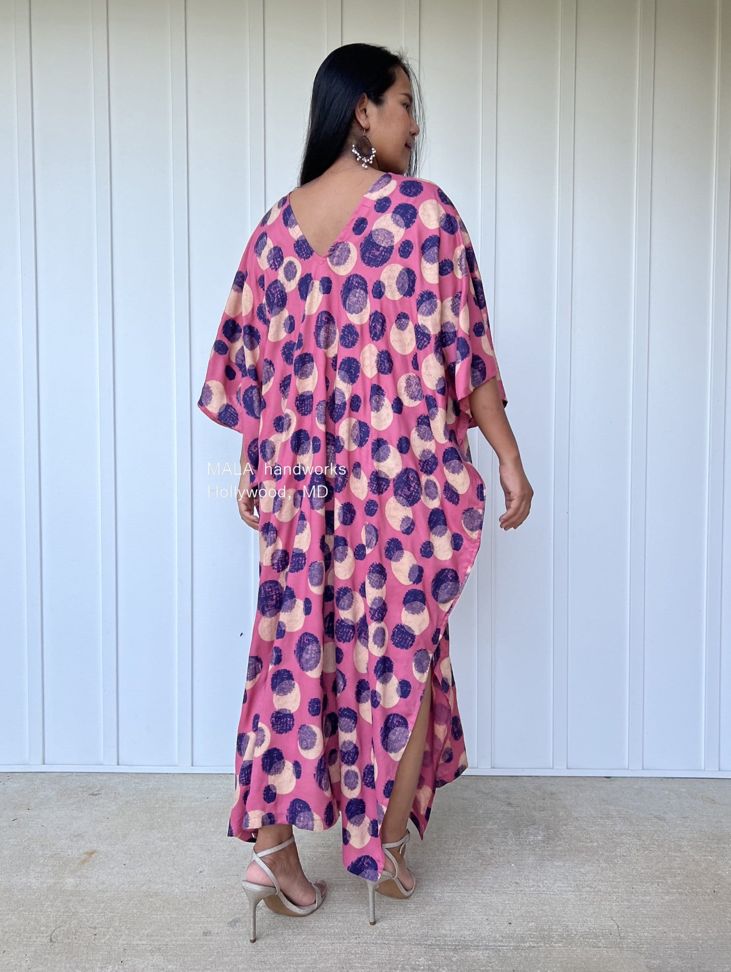 MALA handworks Camila Kaftan in Pink and Blue Silkscreen Circles Pattern