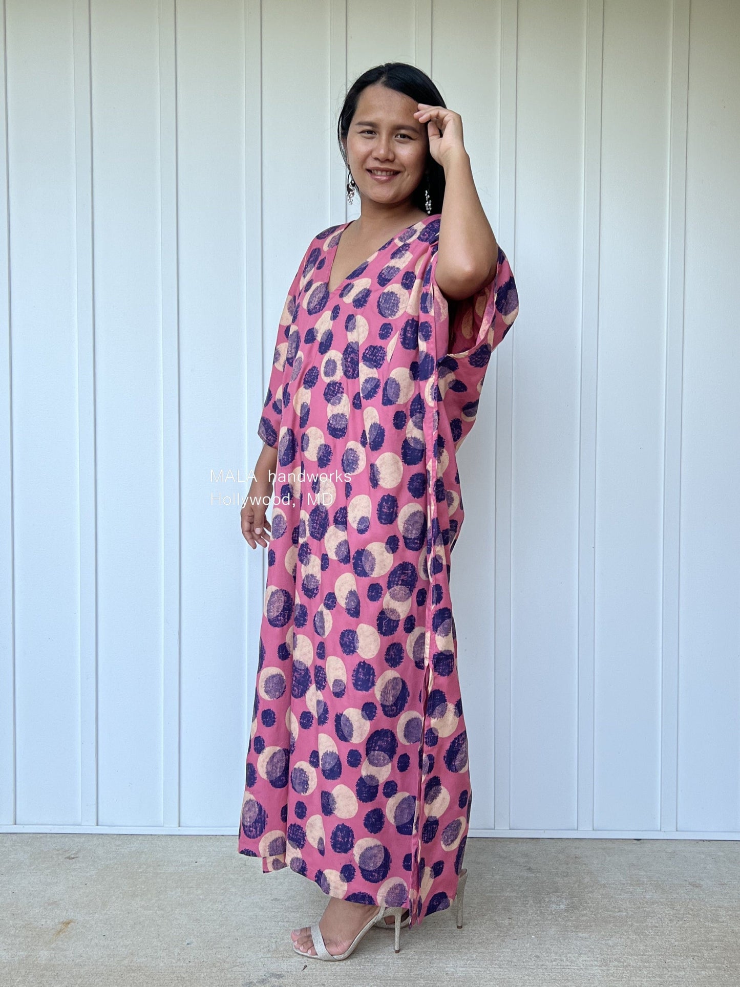 MALA handworks Camila Kaftan in Pink and Blue Silkscreen Circles Pattern