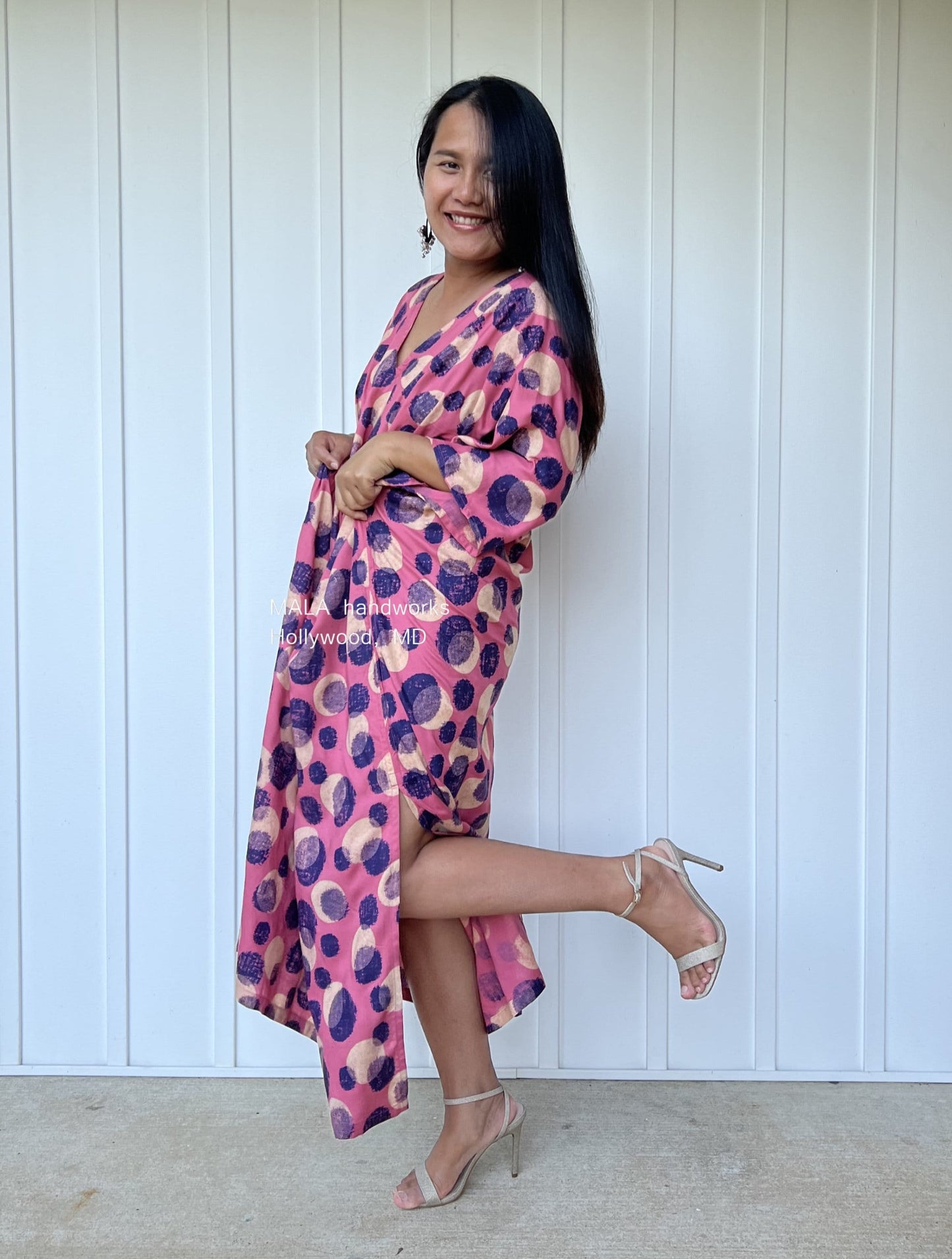 MALA handworks Camila Kaftan in Pink and Blue Silkscreen Circles Pattern
