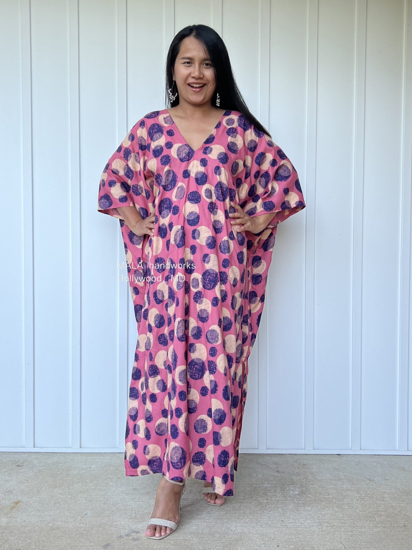 MALA handworks Camila Kaftan in Pink and Blue Silkscreen Circles Pattern