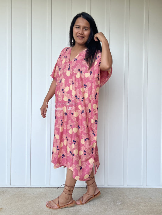 MALA handworks Camila Kaftan in Pink and Blue Silkscreen Floral Pattern