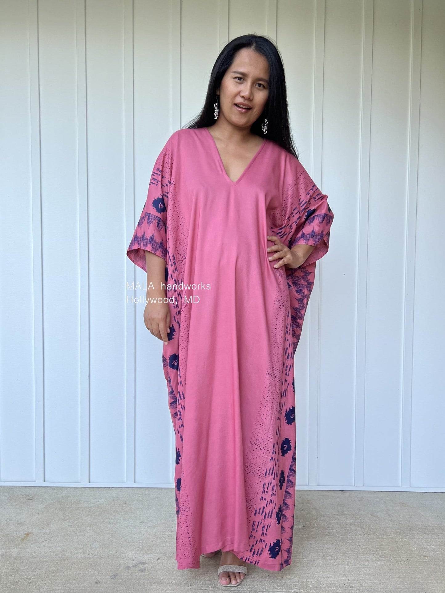 MALA handworks Camila Kaftan in Pink and Blue Silkscreen Pattern