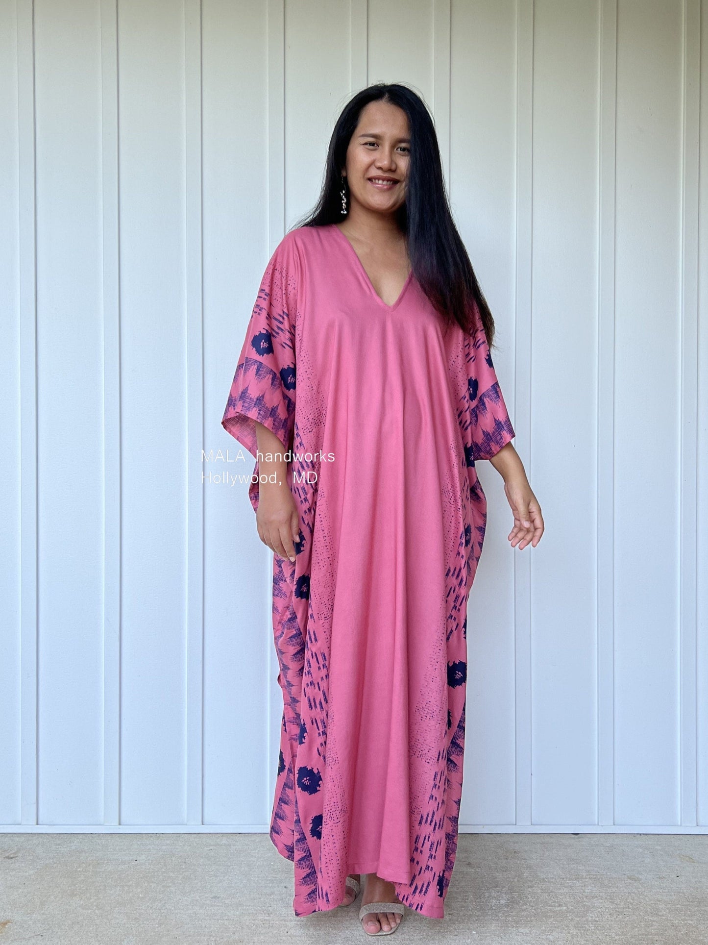 MALA handworks Camila Kaftan in Pink and Blue Silkscreen Pattern