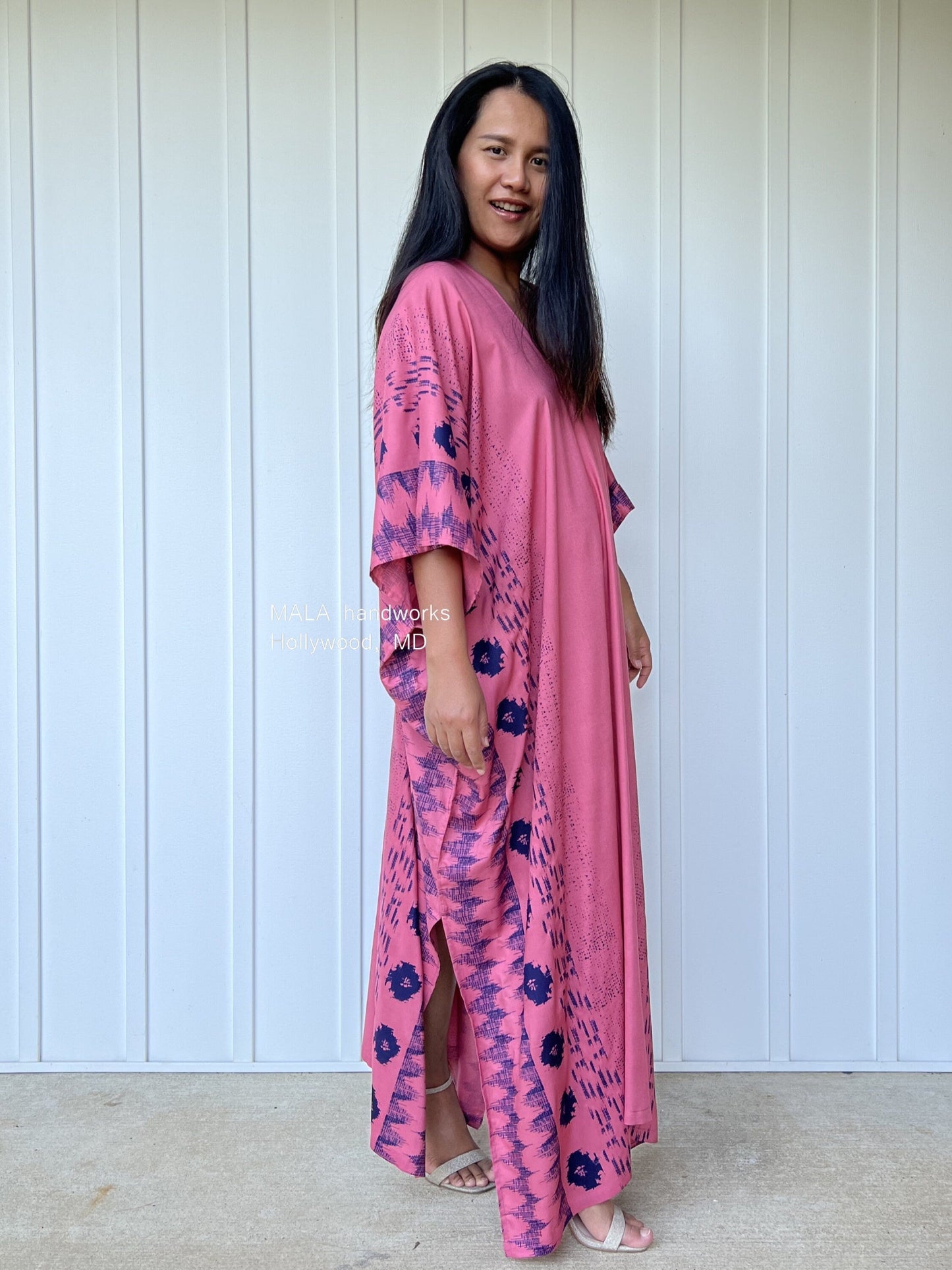 MALA handworks Camila Kaftan in Pink and Blue Silkscreen Pattern