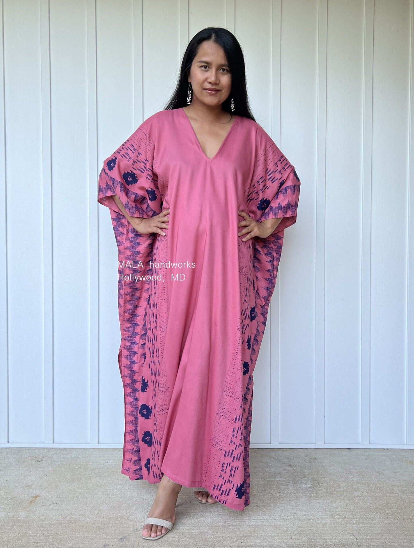 MALA handworks Camila Kaftan in Pink and Blue Silkscreen Pattern