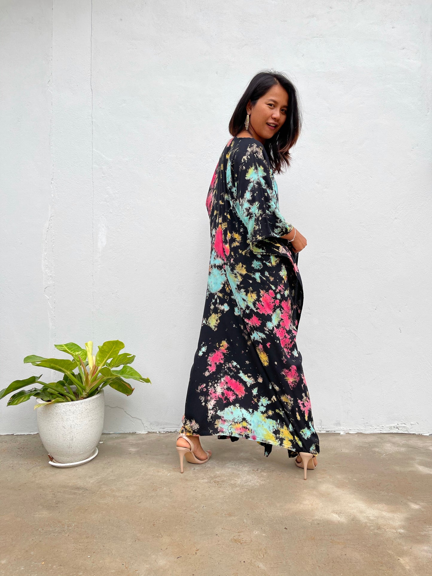 MALA handworks Eva Kaftan in Black and Rainbow Tie Dye