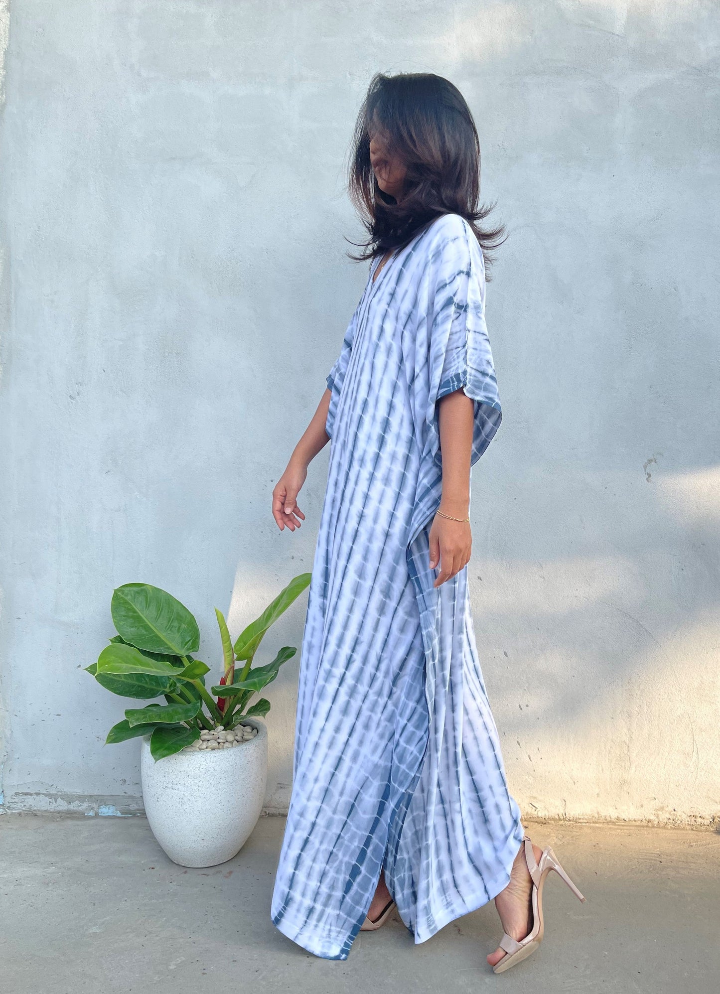 MALA handworks Eva Kaftan in White and Gray Tie Dye