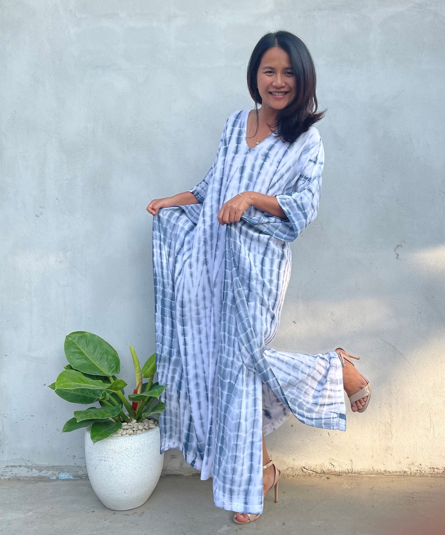 MALA handworks Eva Kaftan in White and Gray Tie Dye