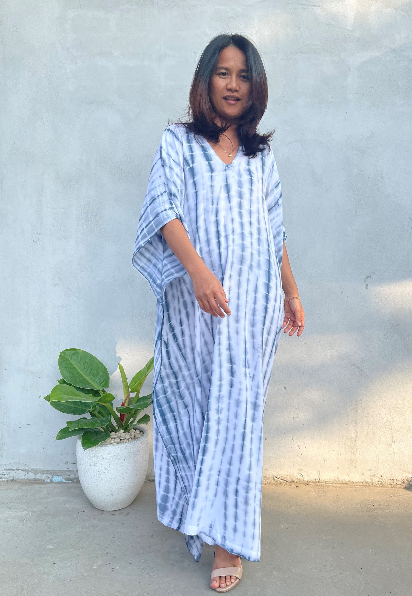 MALA handworks Eva Kaftan in White and Gray Tie Dye