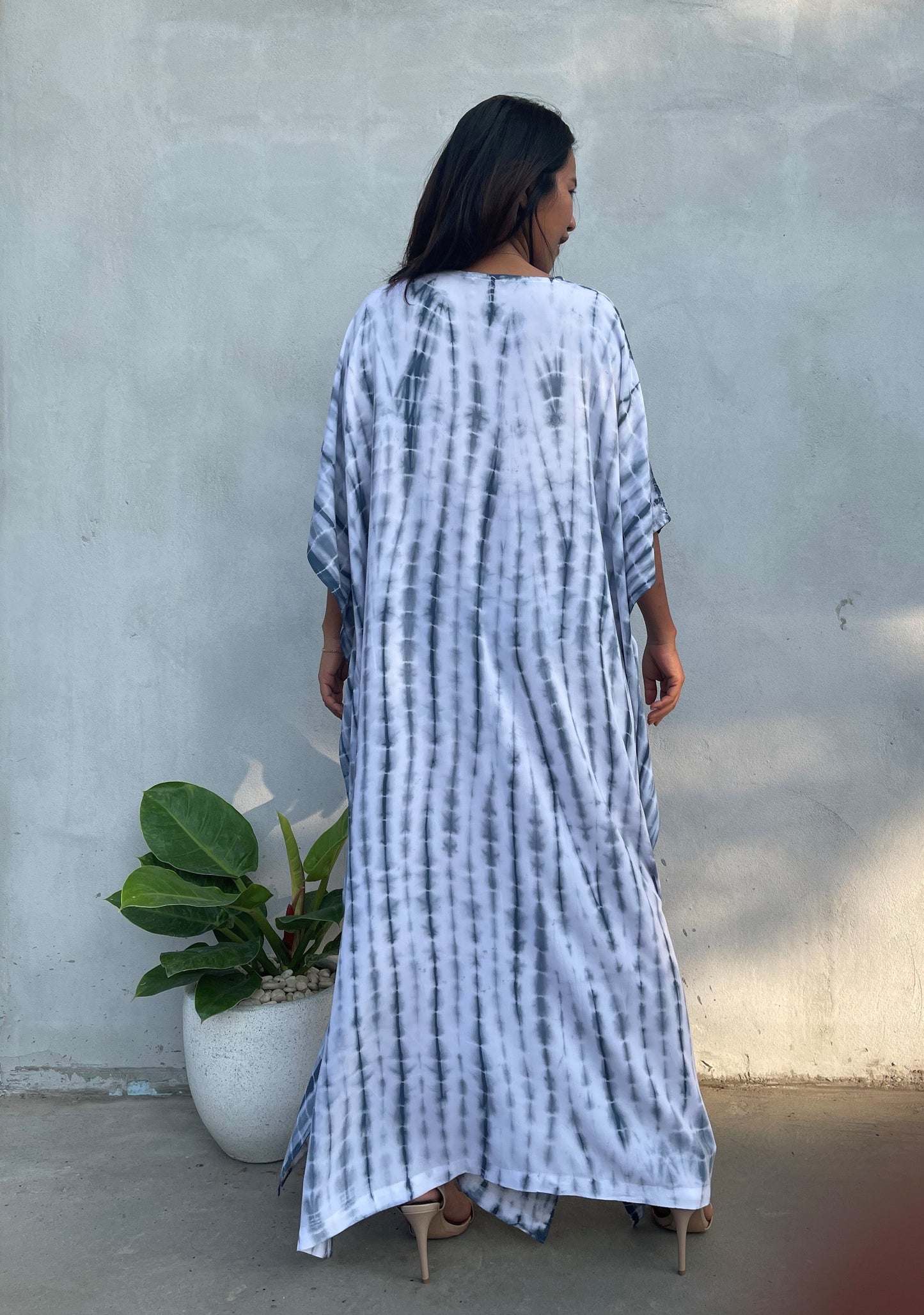 MALA handworks Eva Kaftan in White and Gray Tie Dye