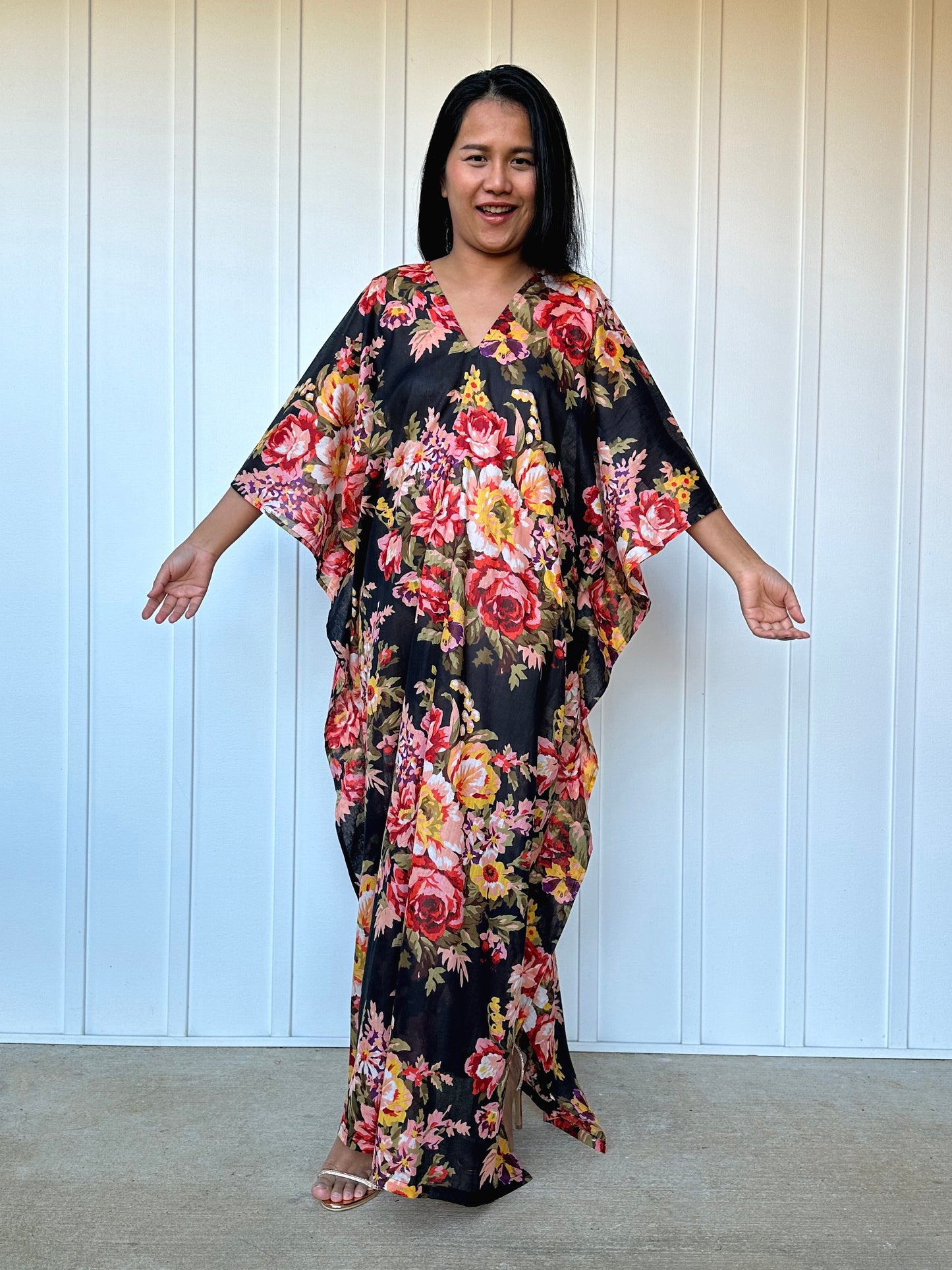 MALA handworks Evelyn Kaftan in Black and Floral Pattern