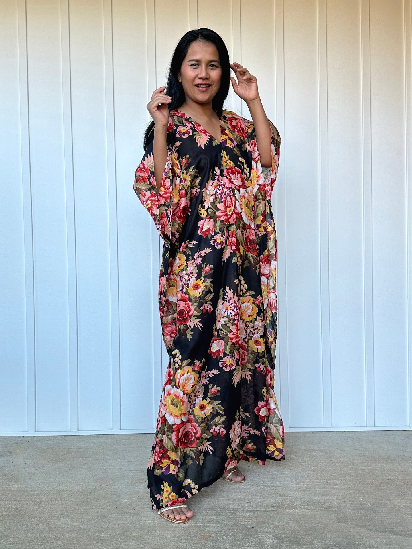 MALA handworks Evelyn Kaftan in Black and Floral Pattern