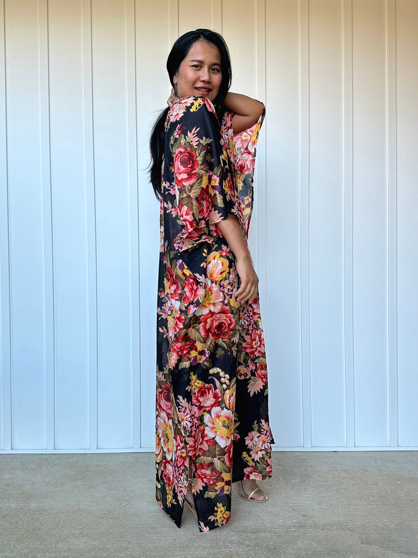 MALA handworks Evelyn Kaftan in Black and Floral Pattern
