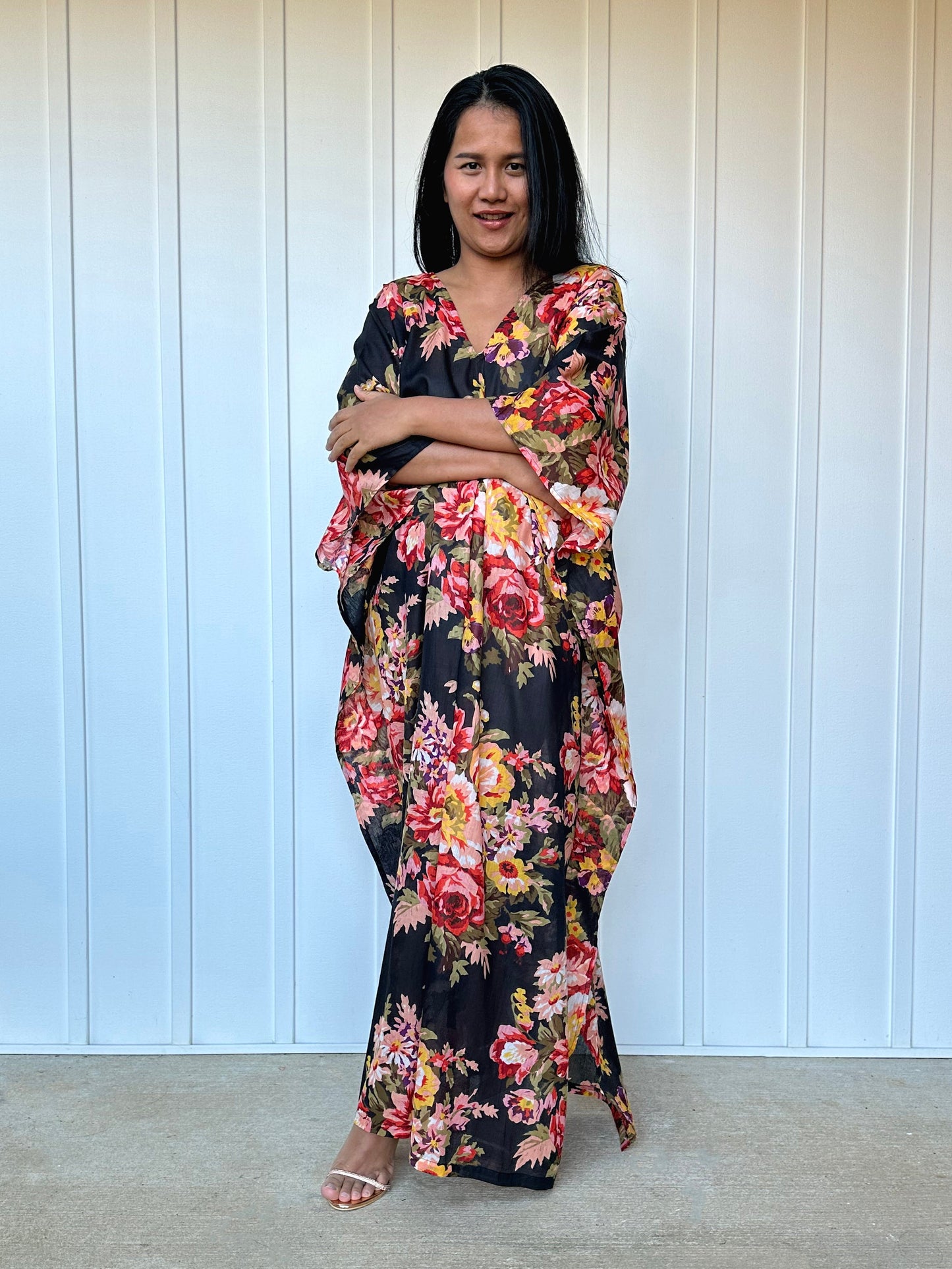 MALA handworks Evelyn Kaftan in Black and Floral Pattern