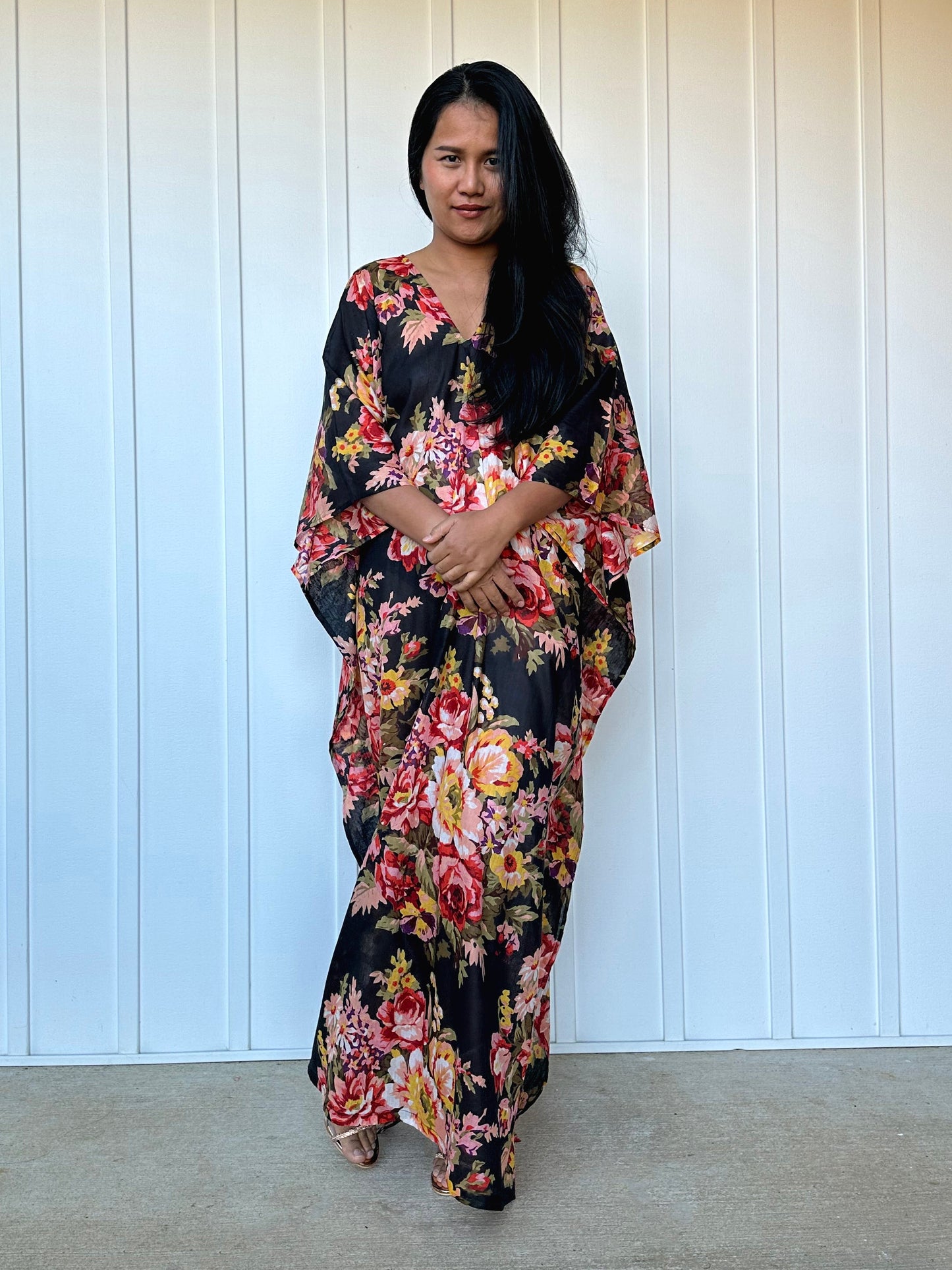 MALA handworks Evelyn Kaftan in Black and Floral Pattern