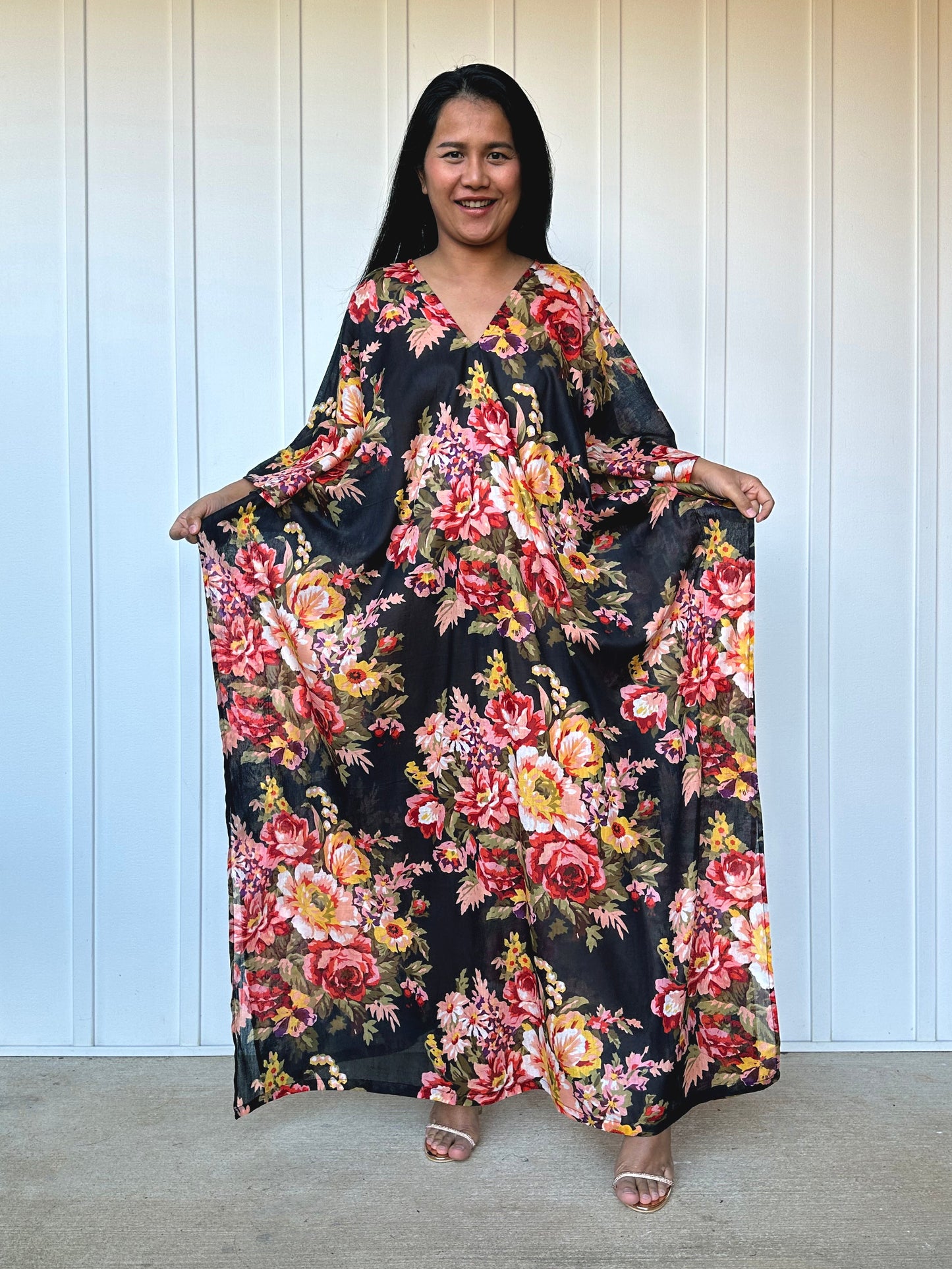 MALA handworks Evelyn Kaftan in Black and Floral Pattern