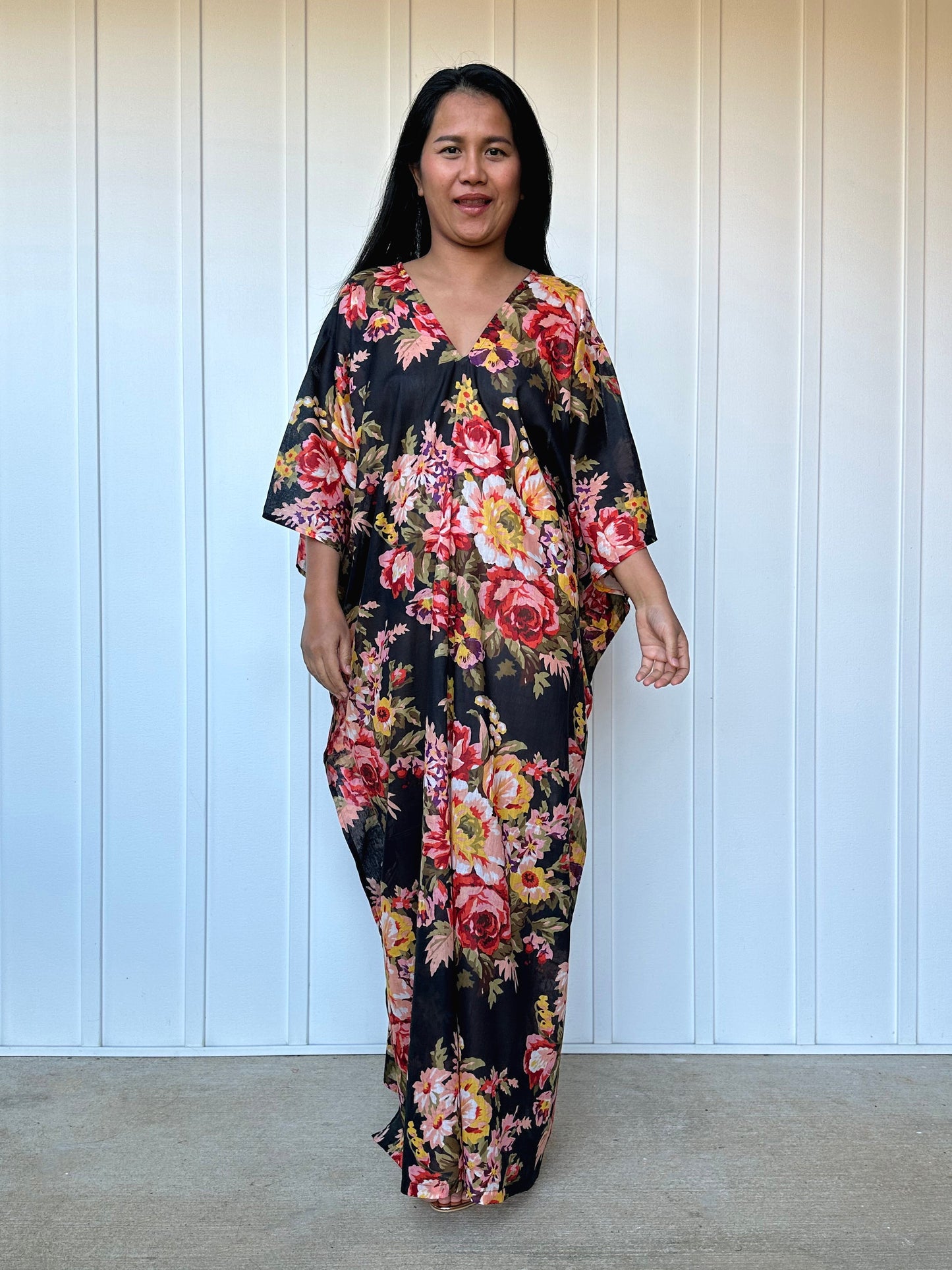 MALA handworks Evelyn Kaftan in Black and Floral Pattern
